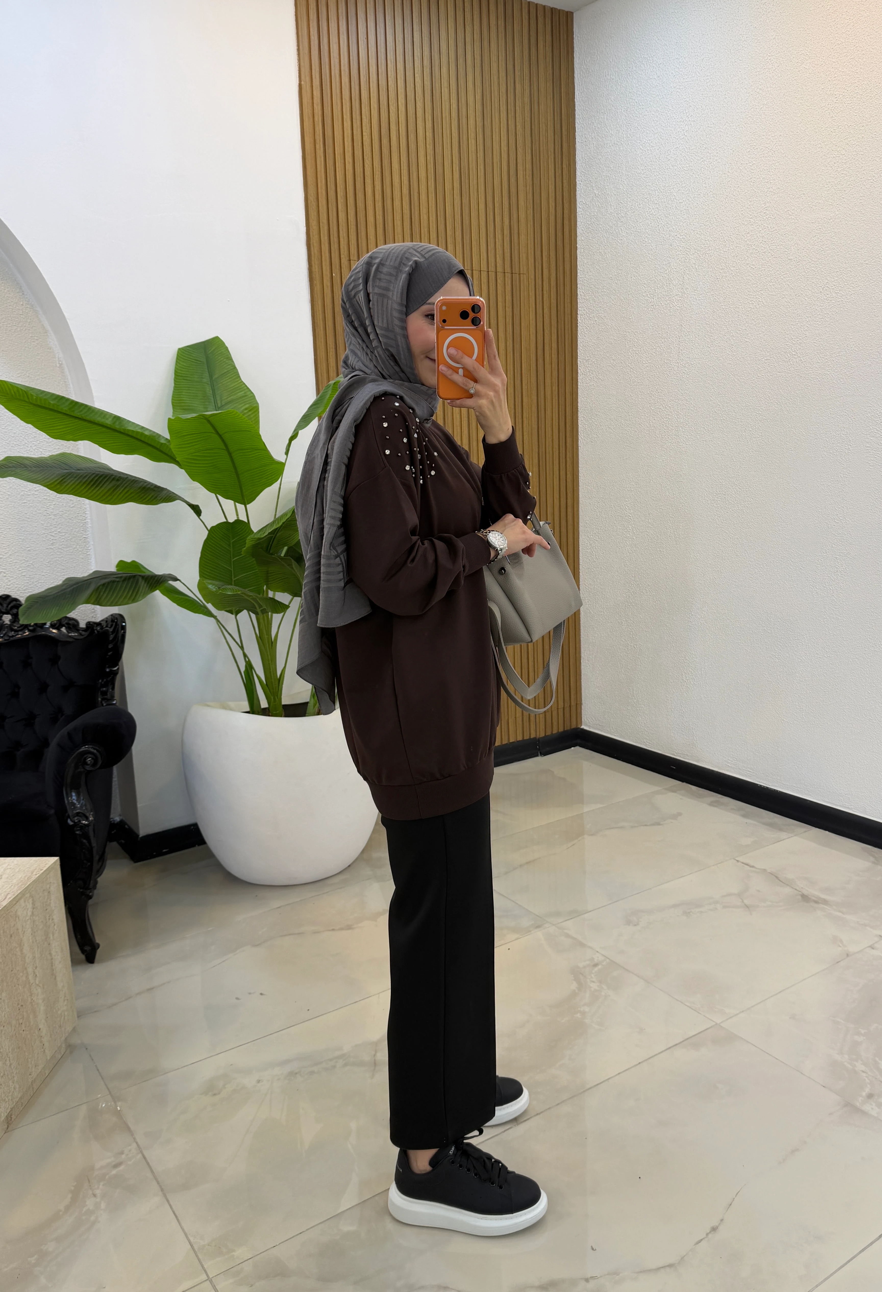 ALMİRA TAŞLI SWEAT KAHVE