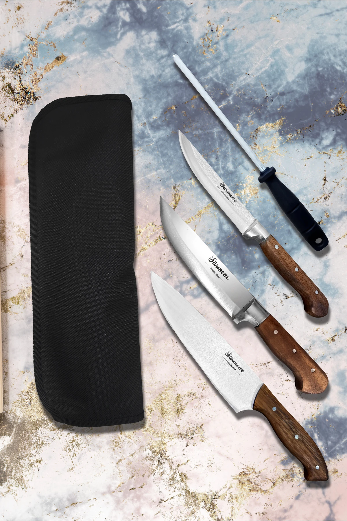 Şef Bıçak Seti Sürmene Gastronomi Şef Beş Parça Çantalı Bıçak Seti Profesyonel Kullanım Şef Bıçağı