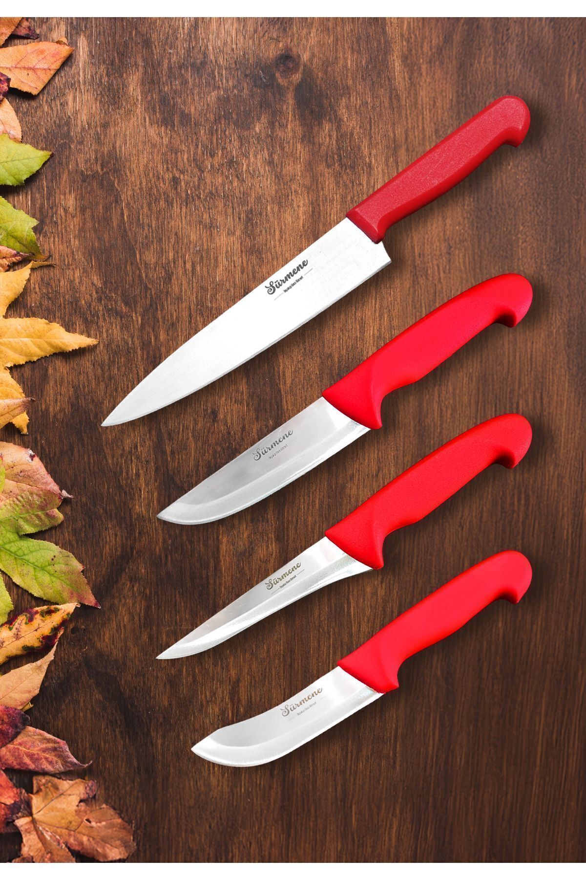 4 Parça Kırmızı Santoku Şef Bıçağı Takımı Sürmene Bıçak Seti