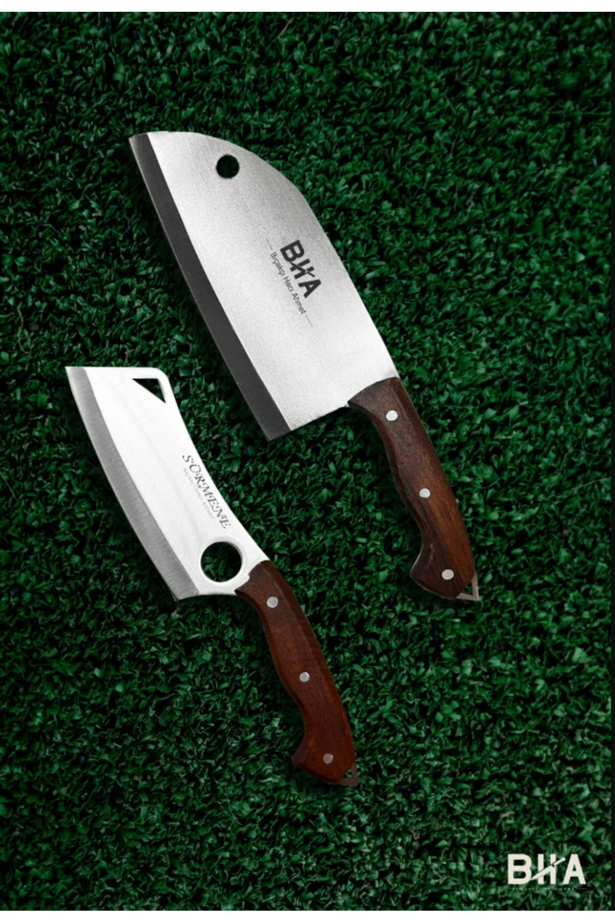 Sürmene BHA Kamp Mutfağı Almazan Sunum Şef Bıçağı ve Nakiri Kamp Şef Bıçağı El Yapımı 2li Bıçak Seti