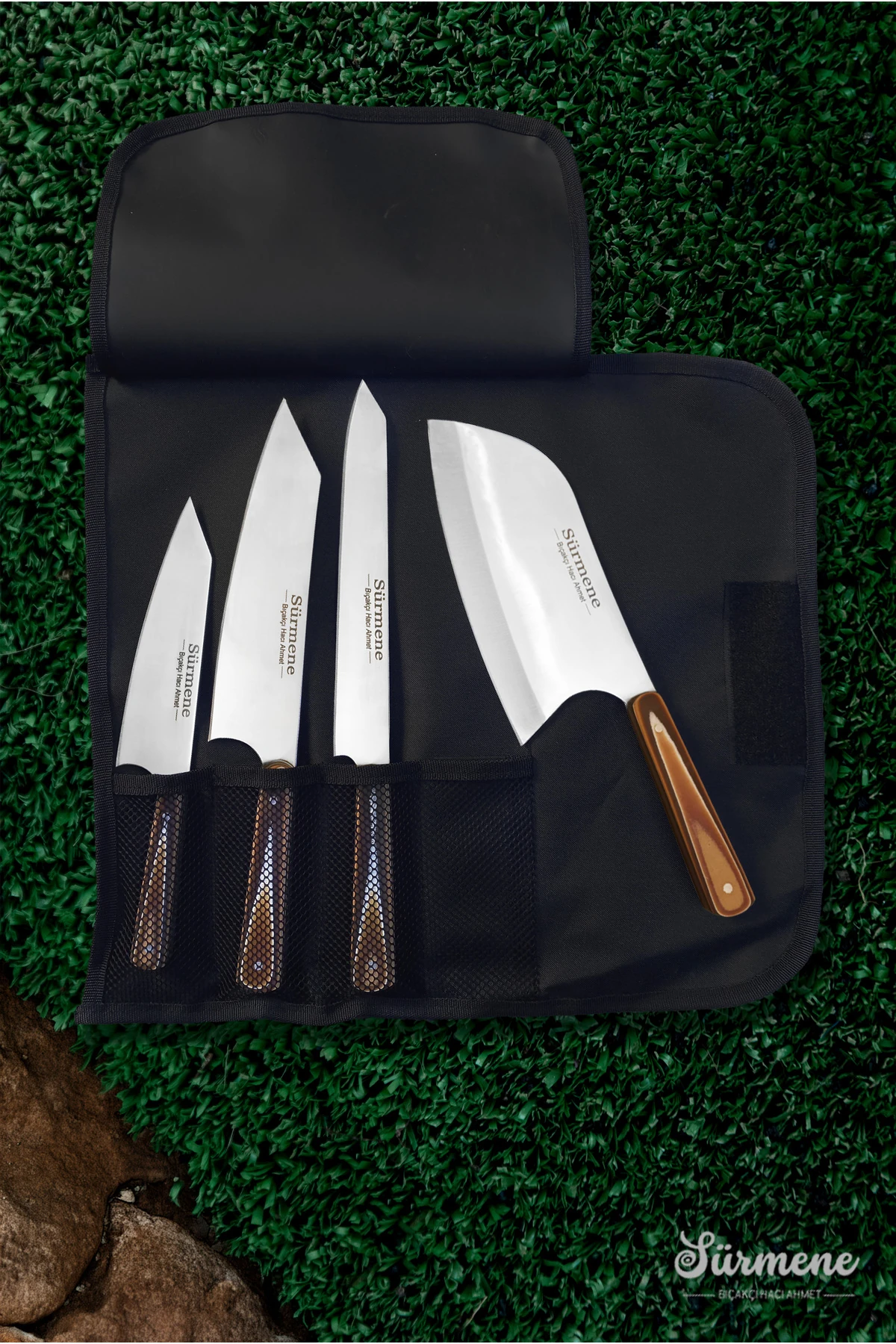 4 Parça Kamp Bıçağı Şef Almazan Sunum Avcı Takım Kamp Çakısı Çantalı Bıçak Seti