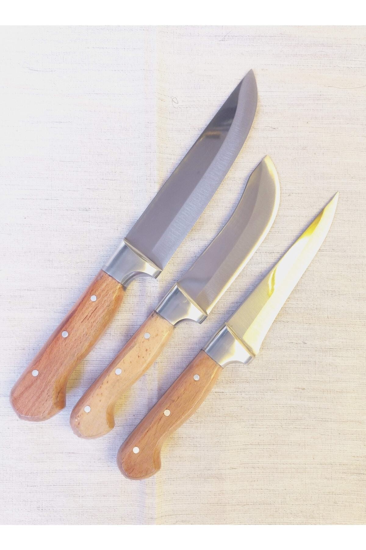 El Yapımı 3'lü Paslanmaz Çelik Bıçak Seti - Bileme Aletiyle