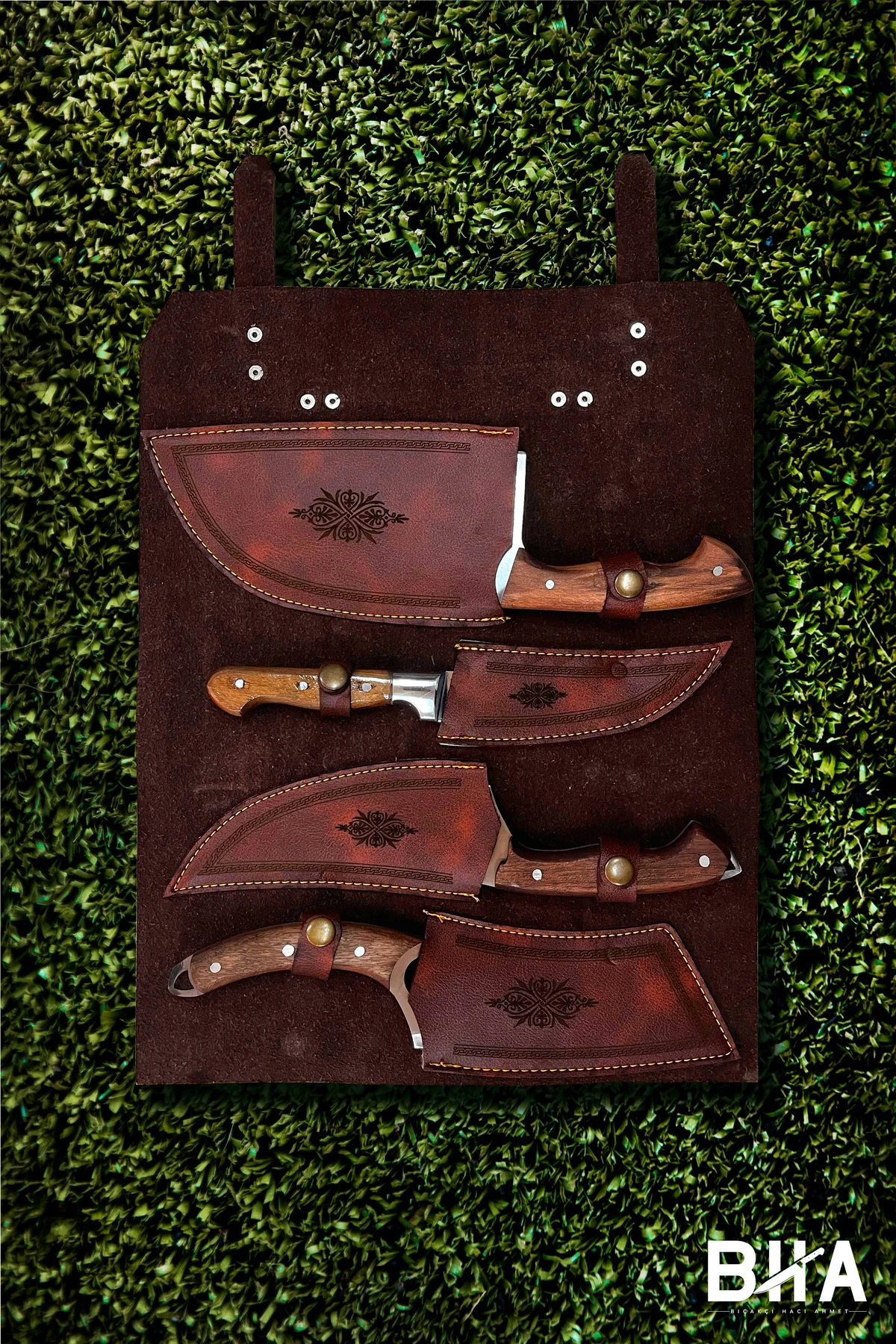 Kamp Seti Sürmene Deri Çanta 4 Parça Çok Amaçlı Kamp Mutfağı Av Çakı Ahşap Sap Bıçak Seti