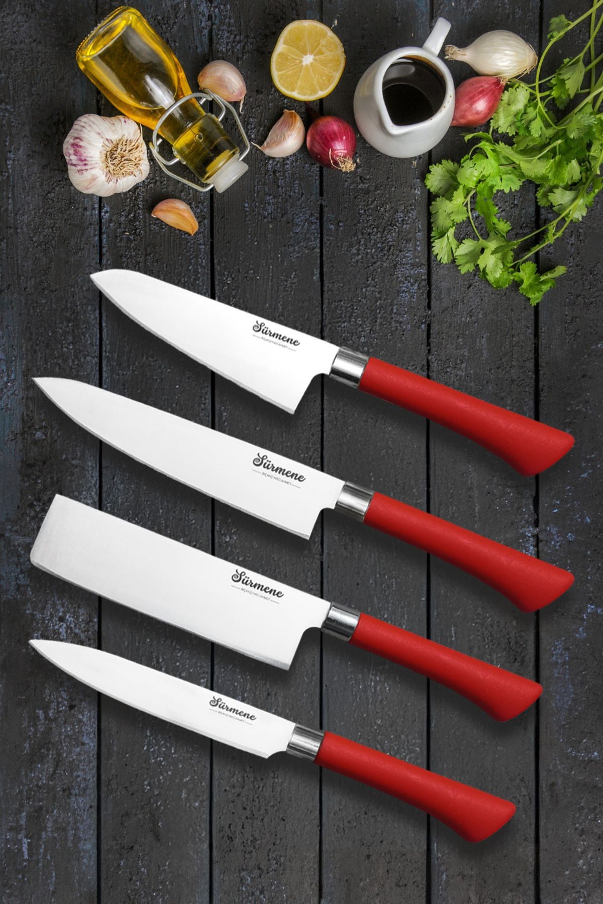 4 Parça Sürmene Şef Bıçağı Seti Profesyonel Santoku Nakiri Şef Bıçağı Çok Amaçlı Günlük Kullanım