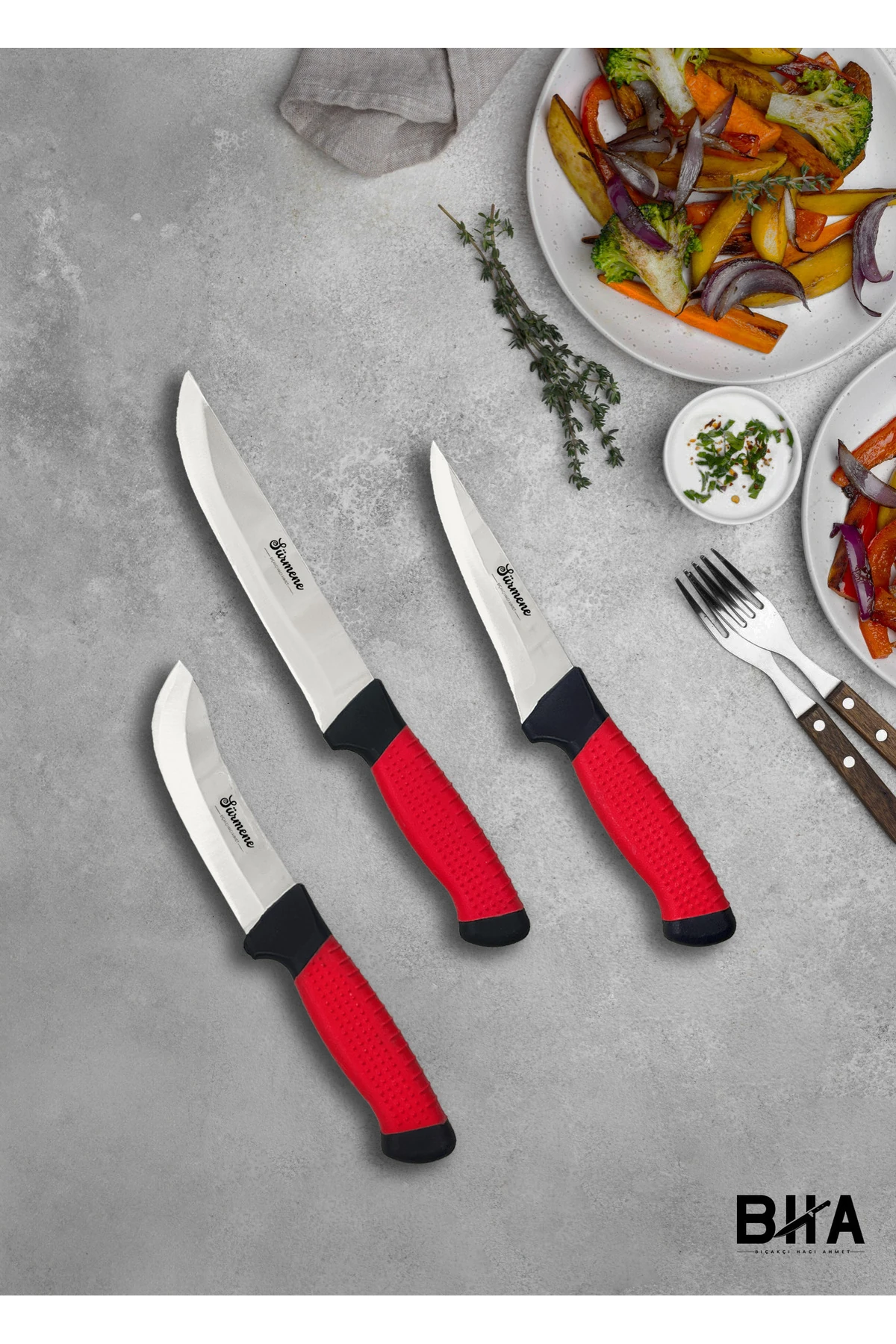 Sürmene Kaydırmaz Sap Serisi Üç Parça Doğrama Sıyırma Yüzme Bıçak Seti Kurban Kasap Özel