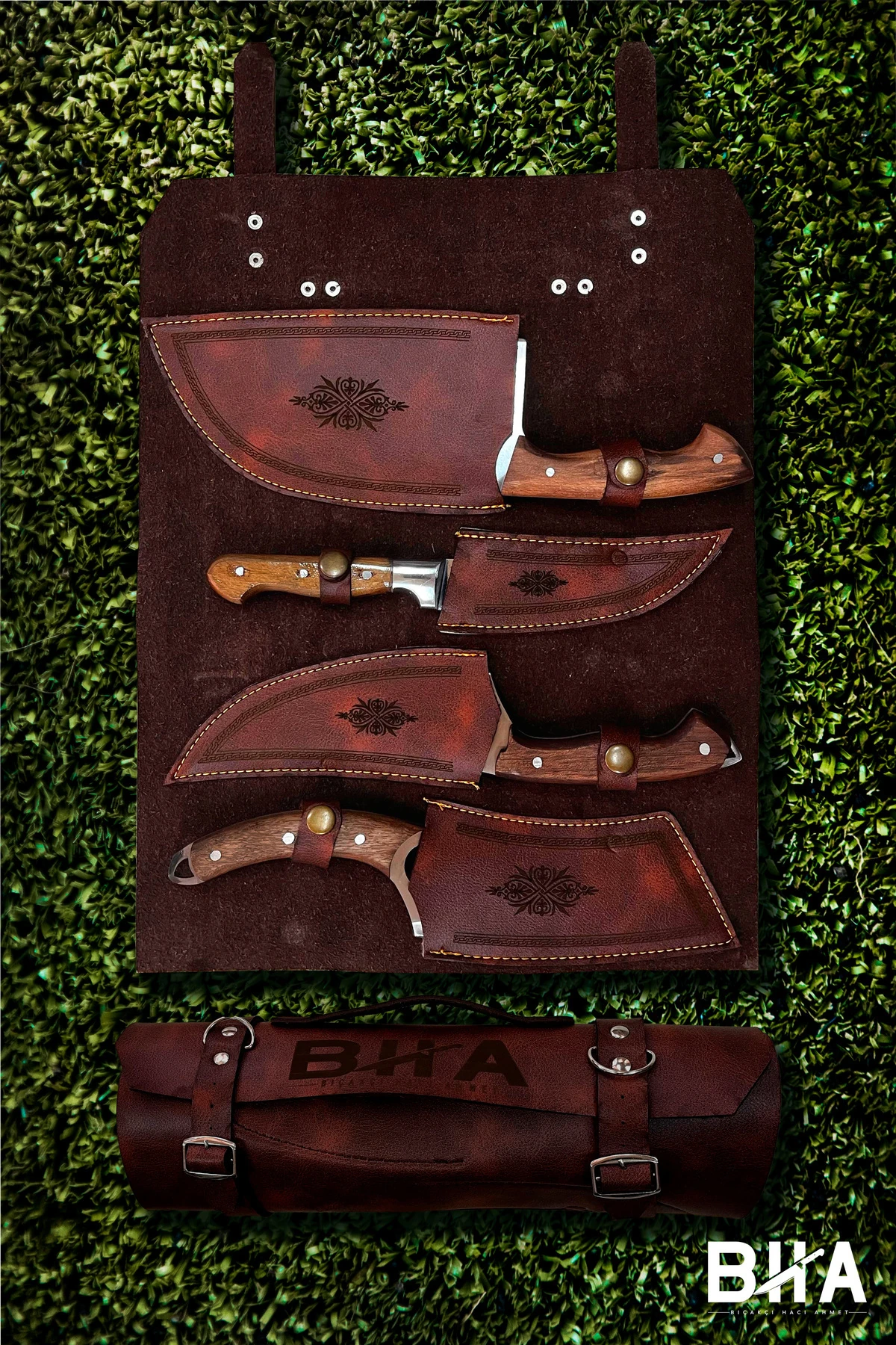 Kamp Seti Sürmene Deri Çanta 4 Parça Çok Amaçlı Kamp Mutfağı Av Çakı Ahşap Sap Bıçak Seti