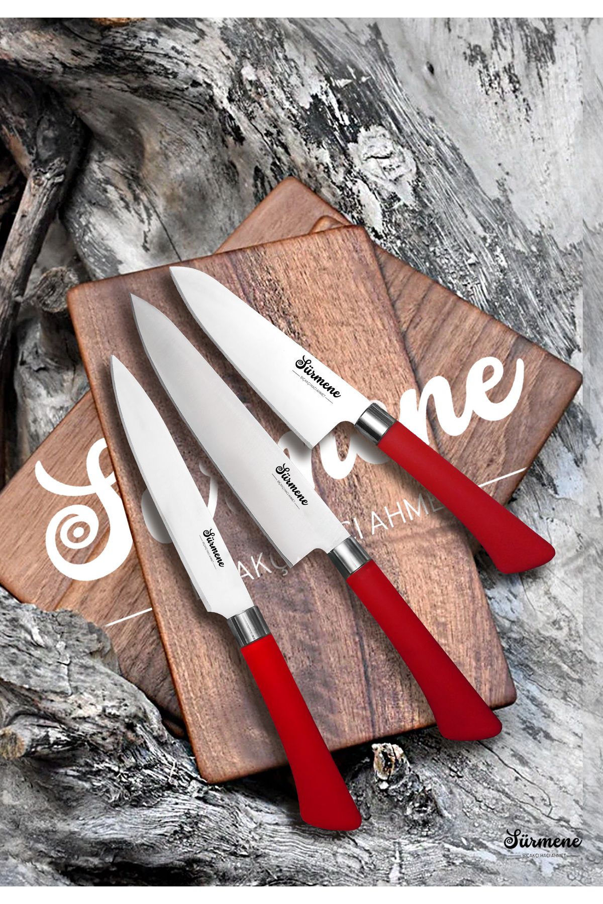 Kırmızı Üç Parça Sürmene Sedef Serisi Şef Bıçağı Seti Profesyonel Kullanım Santoku Suşi Bıçak