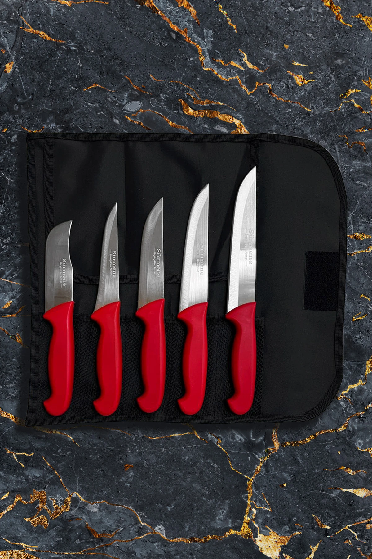 Çantalı Beş Parça Sürmene Plastik Bıçak Seti Günlük Kullanım Kasap Kurban Çeyiz - Kırmızı