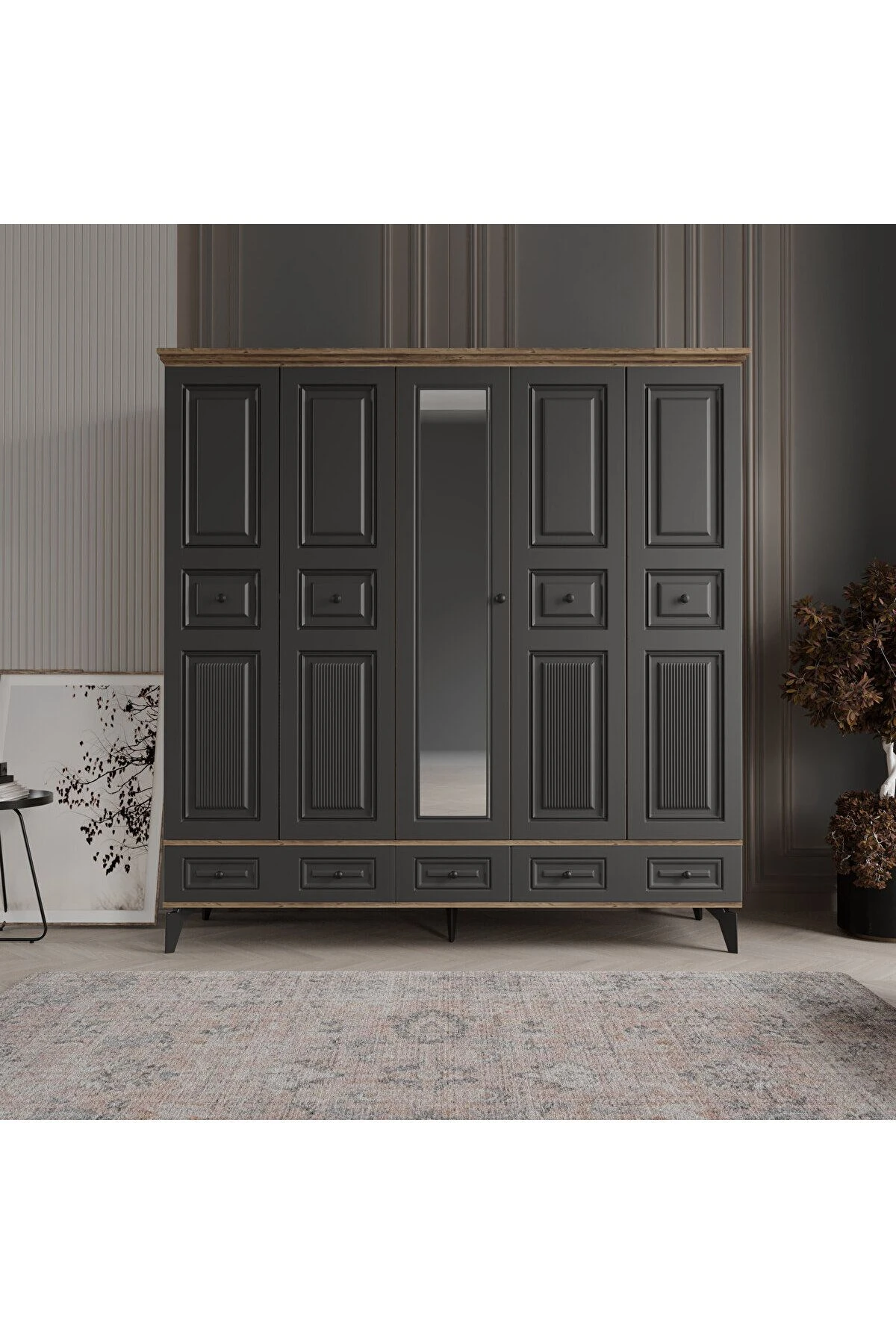 NİL 5 KAPAKLI ANTRASİT GARDIROP TAMAMI MDF
