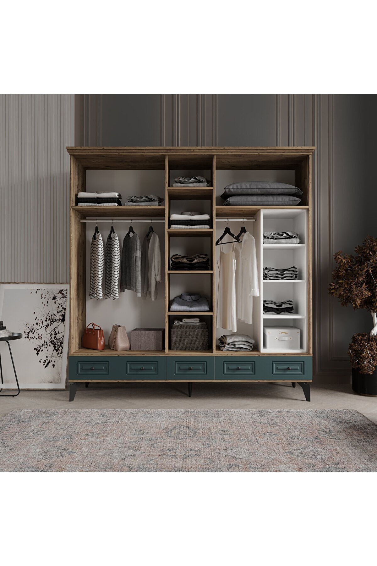 NİL 5 KAPAKLI YEŞİL GARDIROP TAMAMI MDF