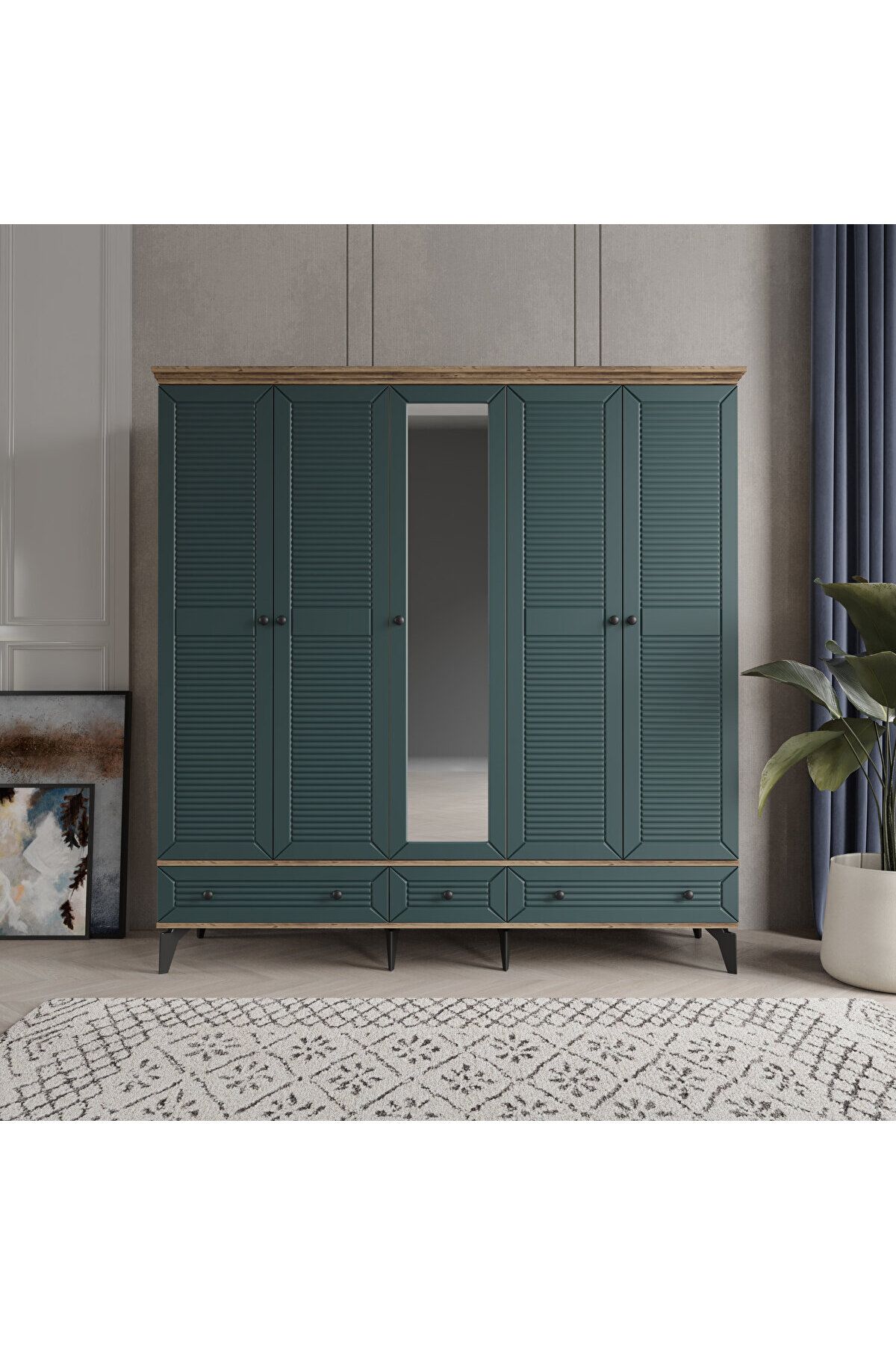 LİNE 5 KAPAKLI YEŞİL GARDIROP TAMAMI MDF