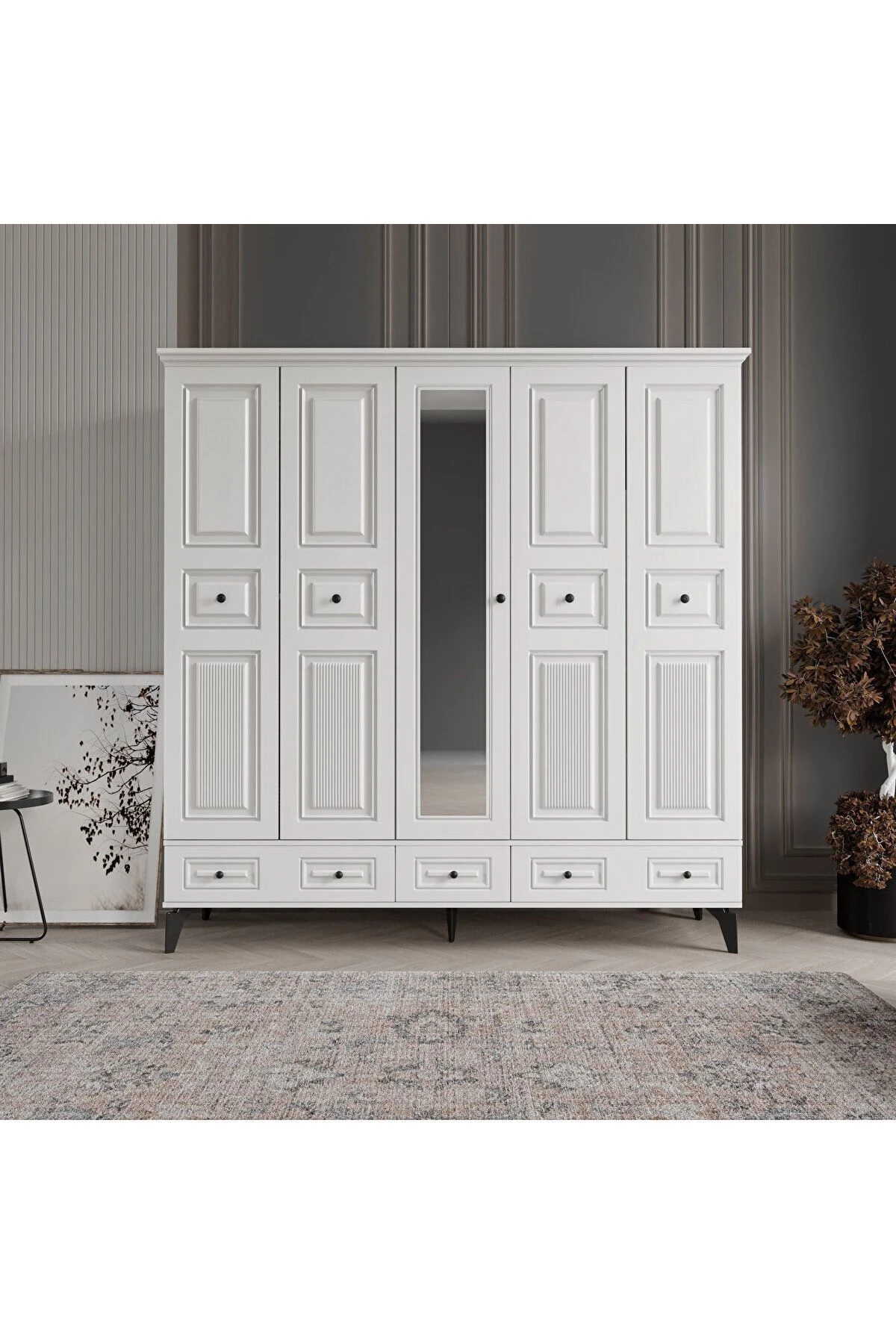 NİL 5 KAPAKLI BEYAZ GARDIROP TAMAMI MDF