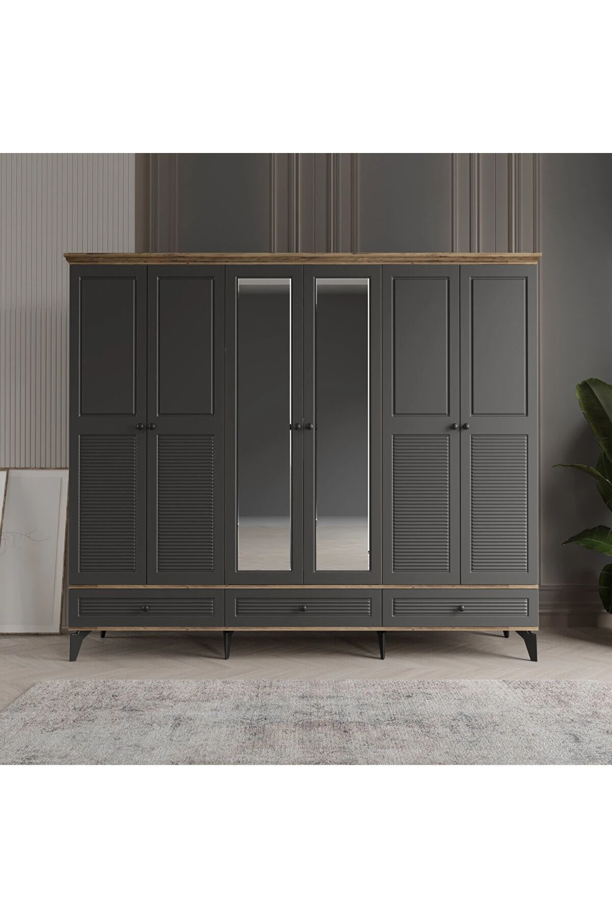 İNCİ 6 KAPAKLI ANTRASİT GARDIROP TAMAMI MDF