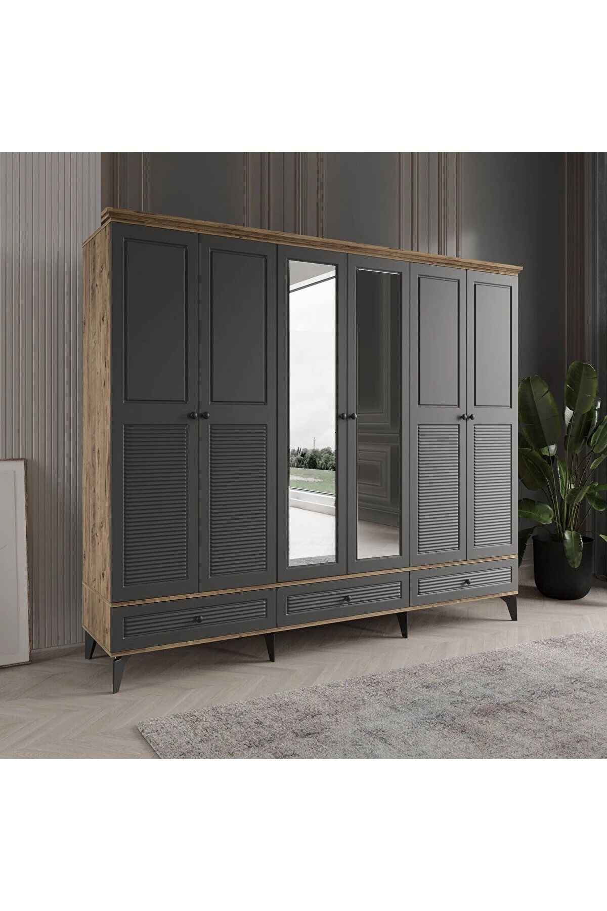 İNCİ 6 KAPAKLI ANTRASİT GARDIROP TAMAMI MDF