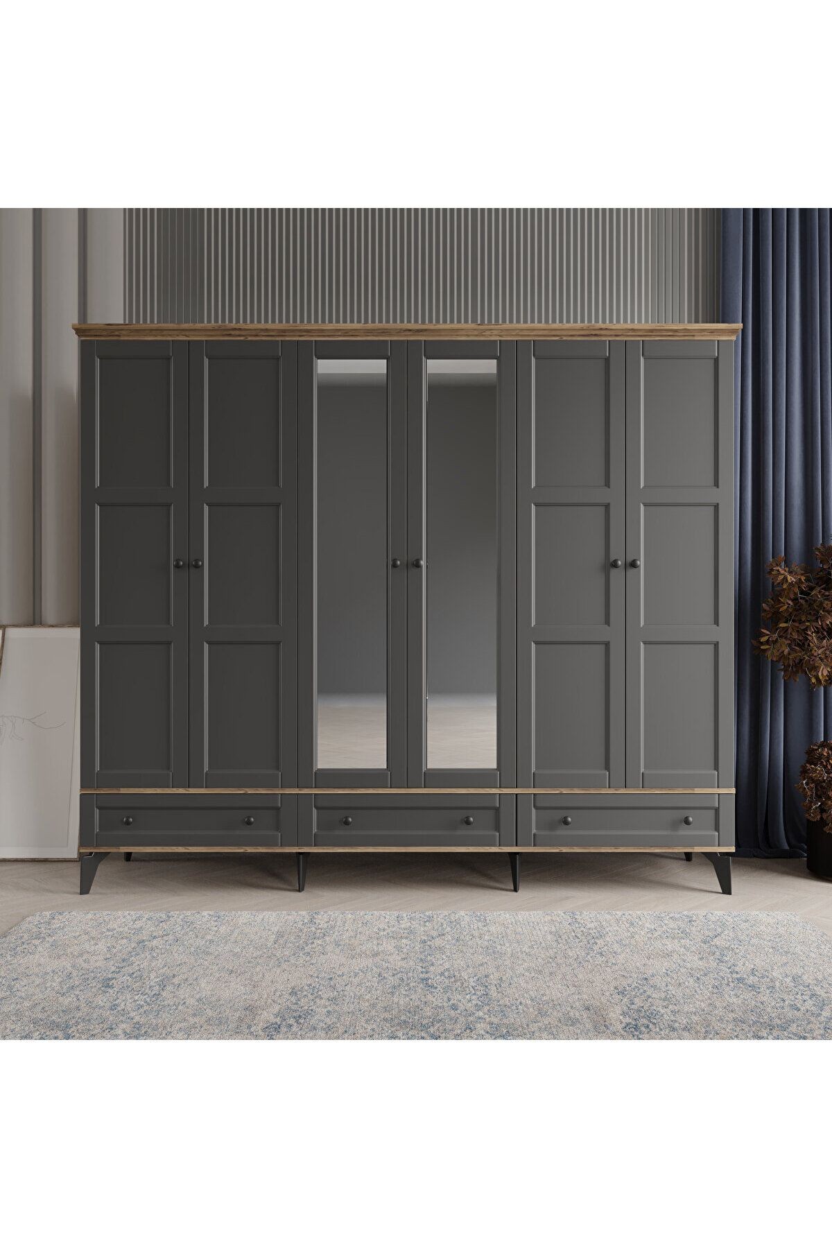 TOPRAK 6 KAPAKLI ANTRASİT GARDIROP TAMAMI MDF