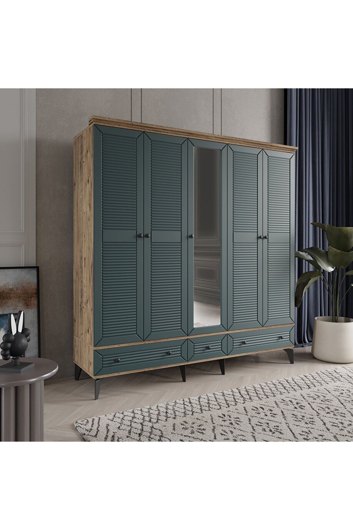 LİNE 5 KAPAKLI YEŞİL GARDIROP TAMAMI MDF