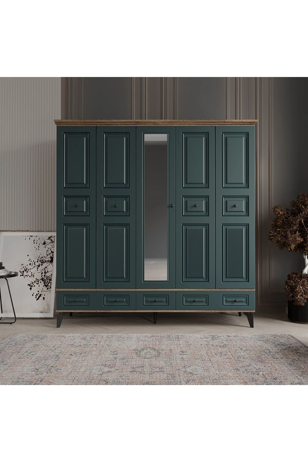 NİL 5 KAPAKLI YEŞİL GARDIROP TAMAMI MDF