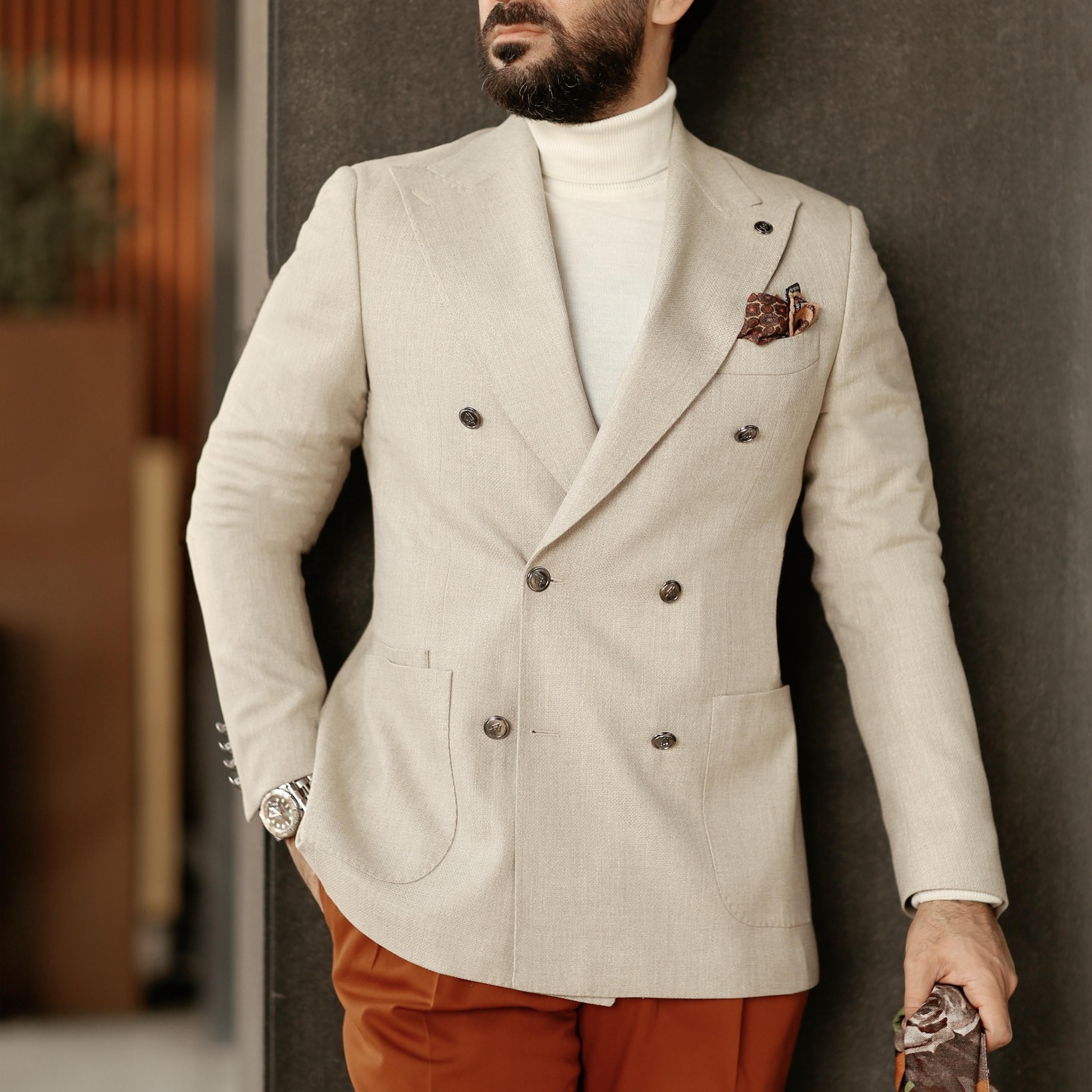 DOUBLE BREASTED BEIGE HOPSACK BLAZER