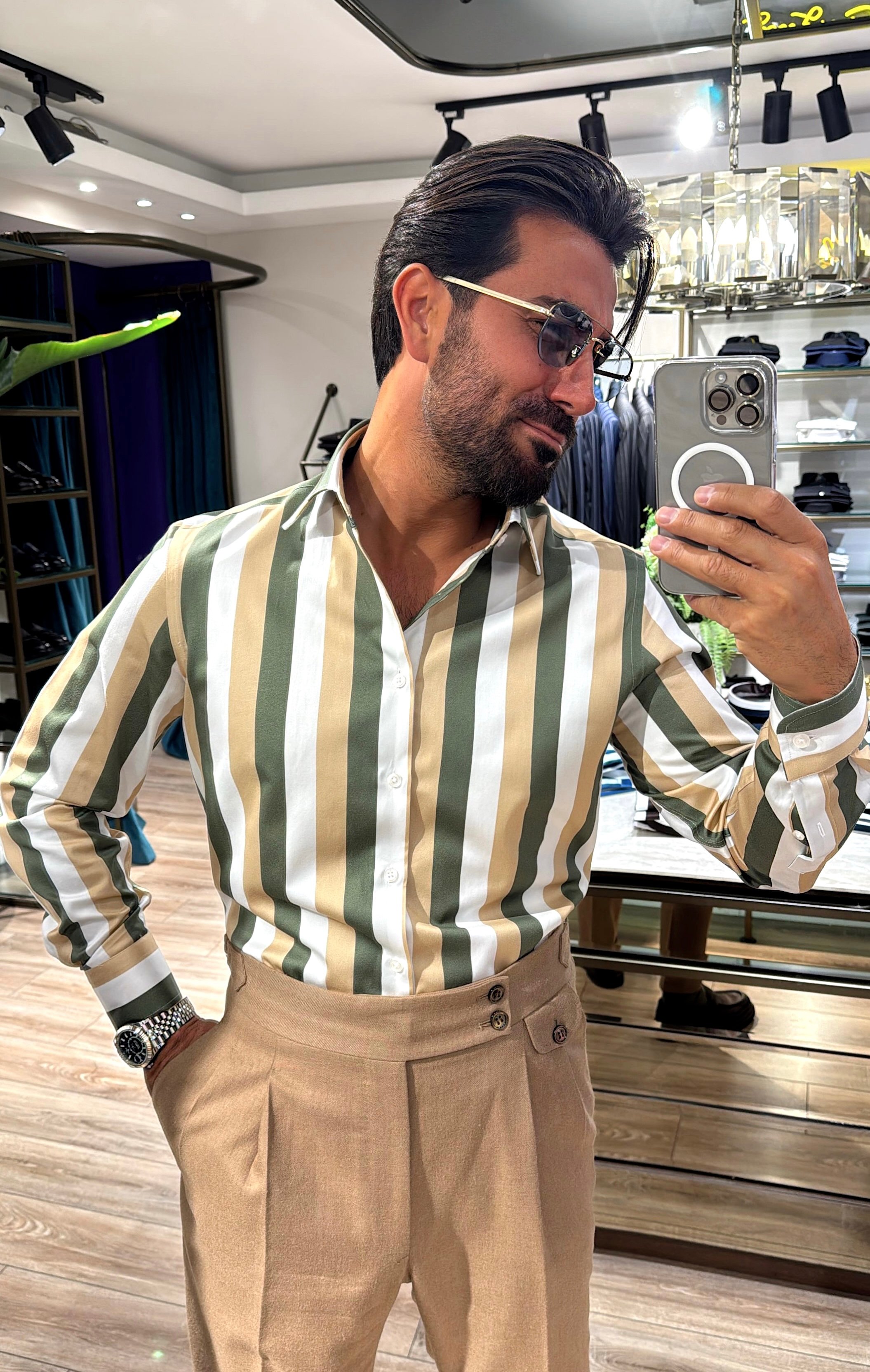 Striped Stellar Shirt - Green Beige White Stripes