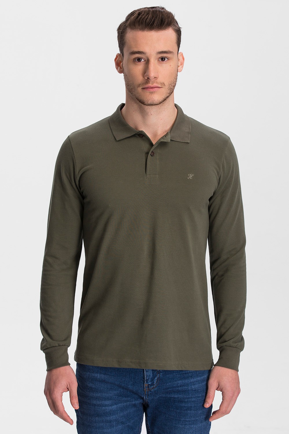 100% Cotton Long Sleeve Polo T-shirt - Khaki