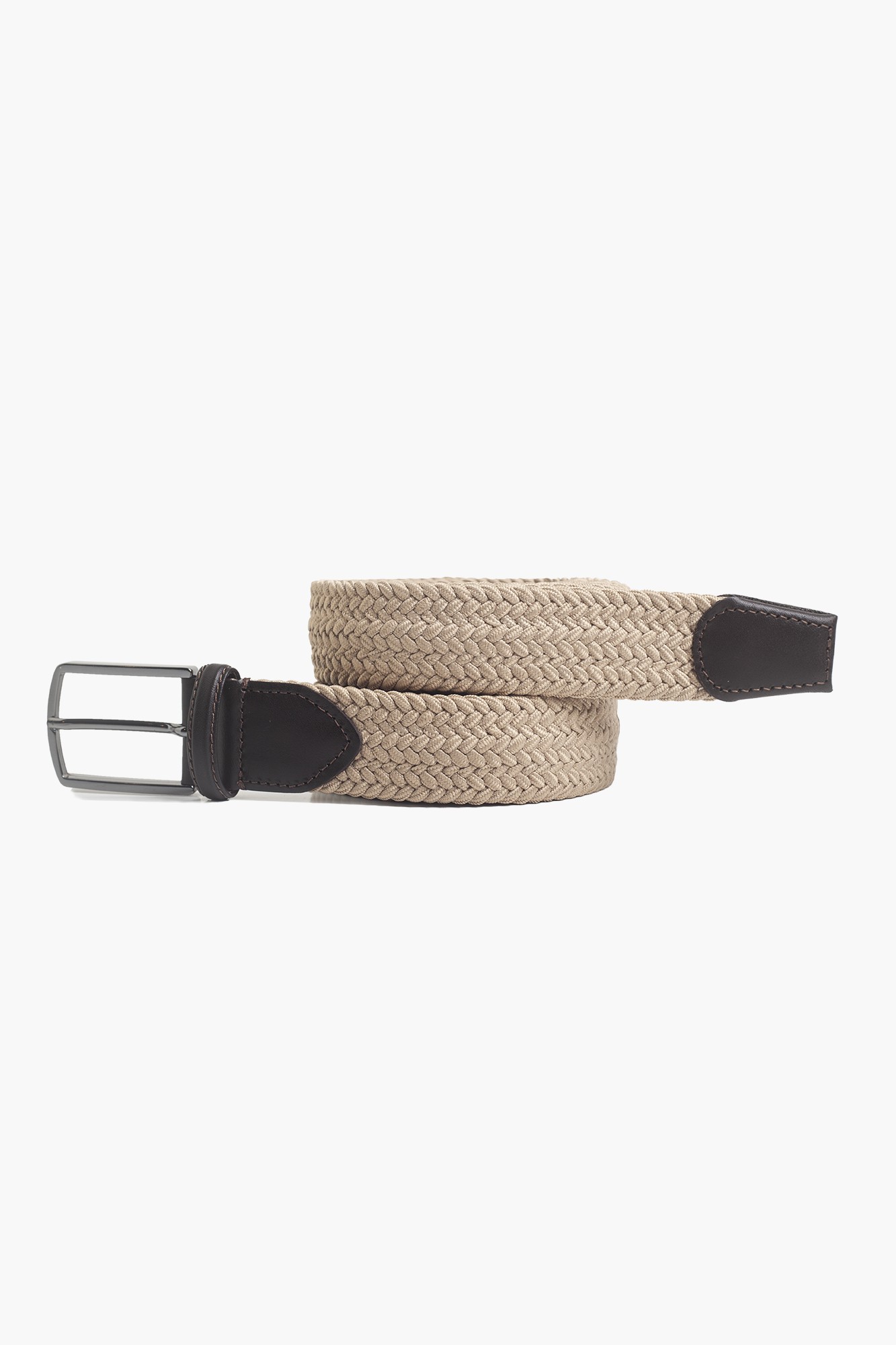 Elastic Knit Belt with Genuine Leather - Beige