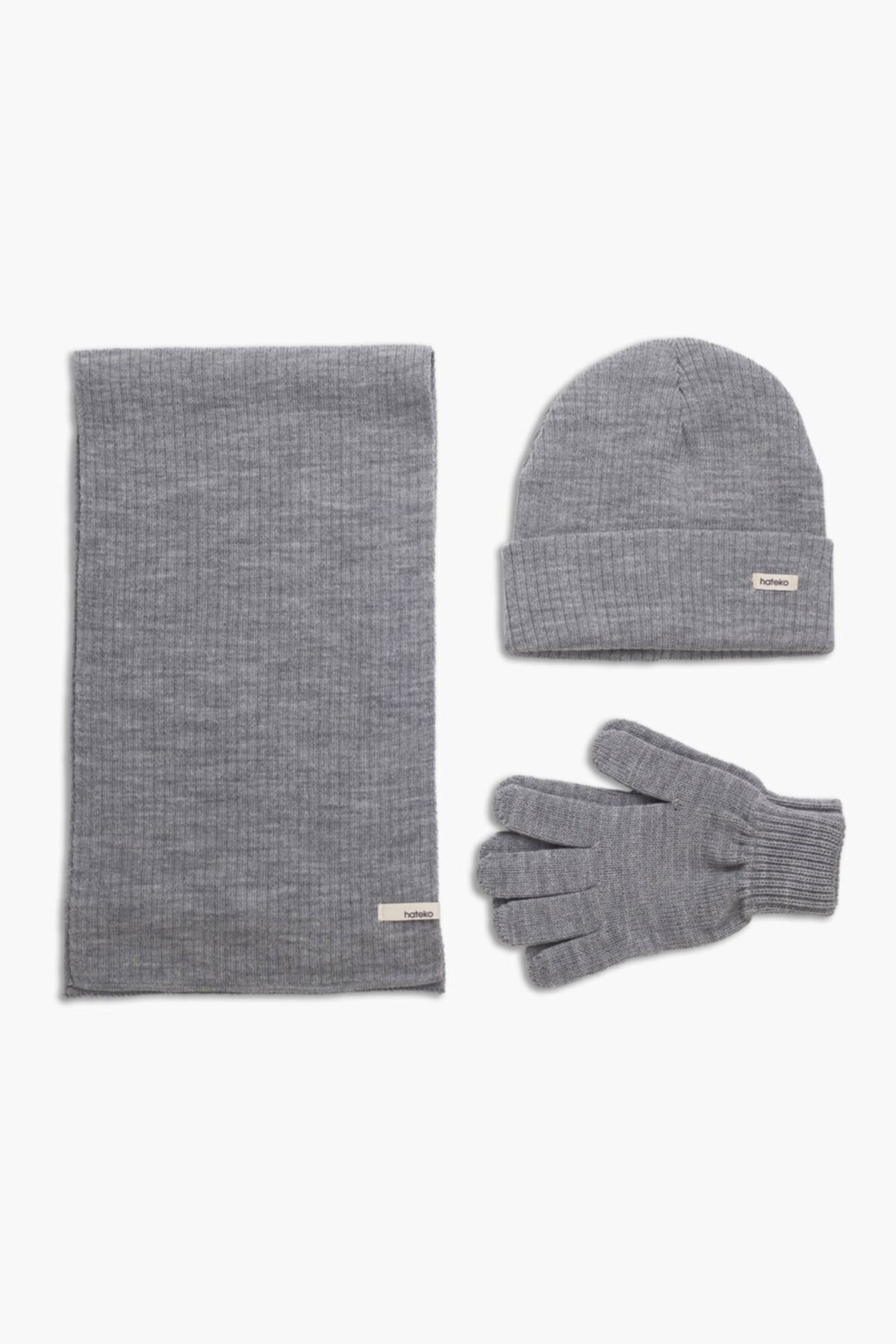 Scarf Beanie Glove Set - Light Grey