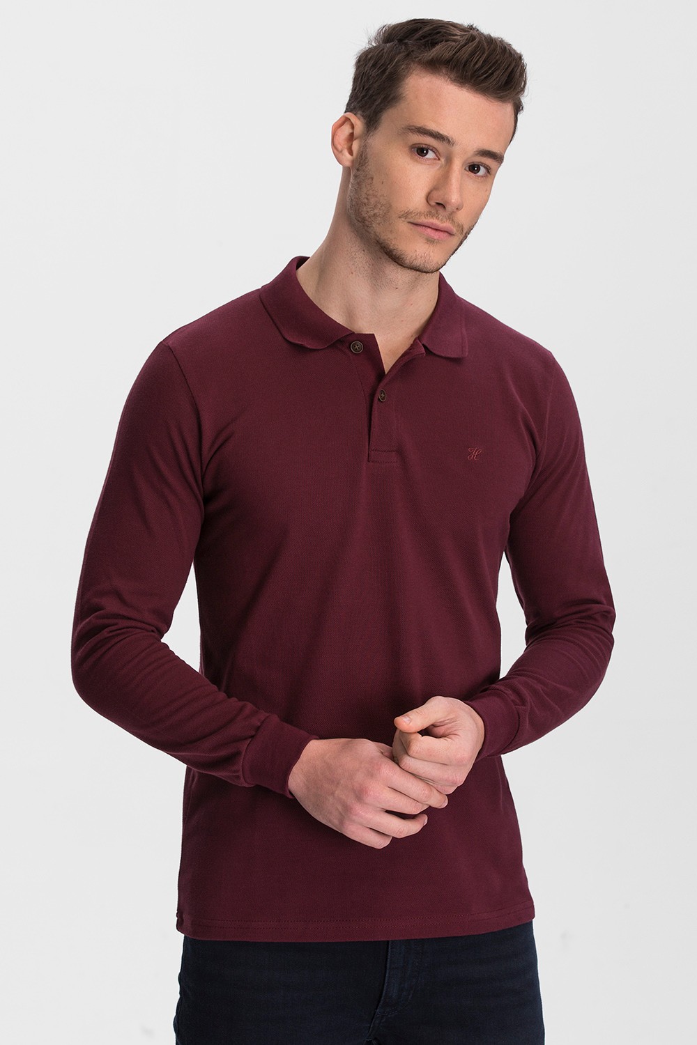 100% Cotton Long Sleeve Polo T-shirt - Maroon