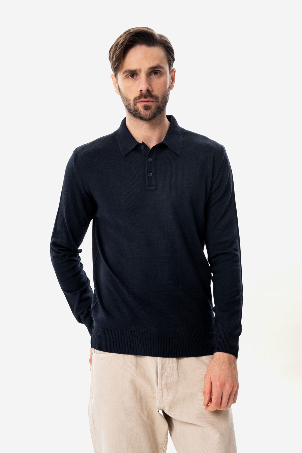 50% Wool Polo Sweater - Navy