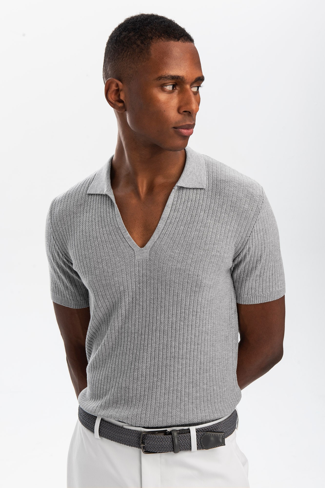 V Polo Knit T-shirt - Light Grey