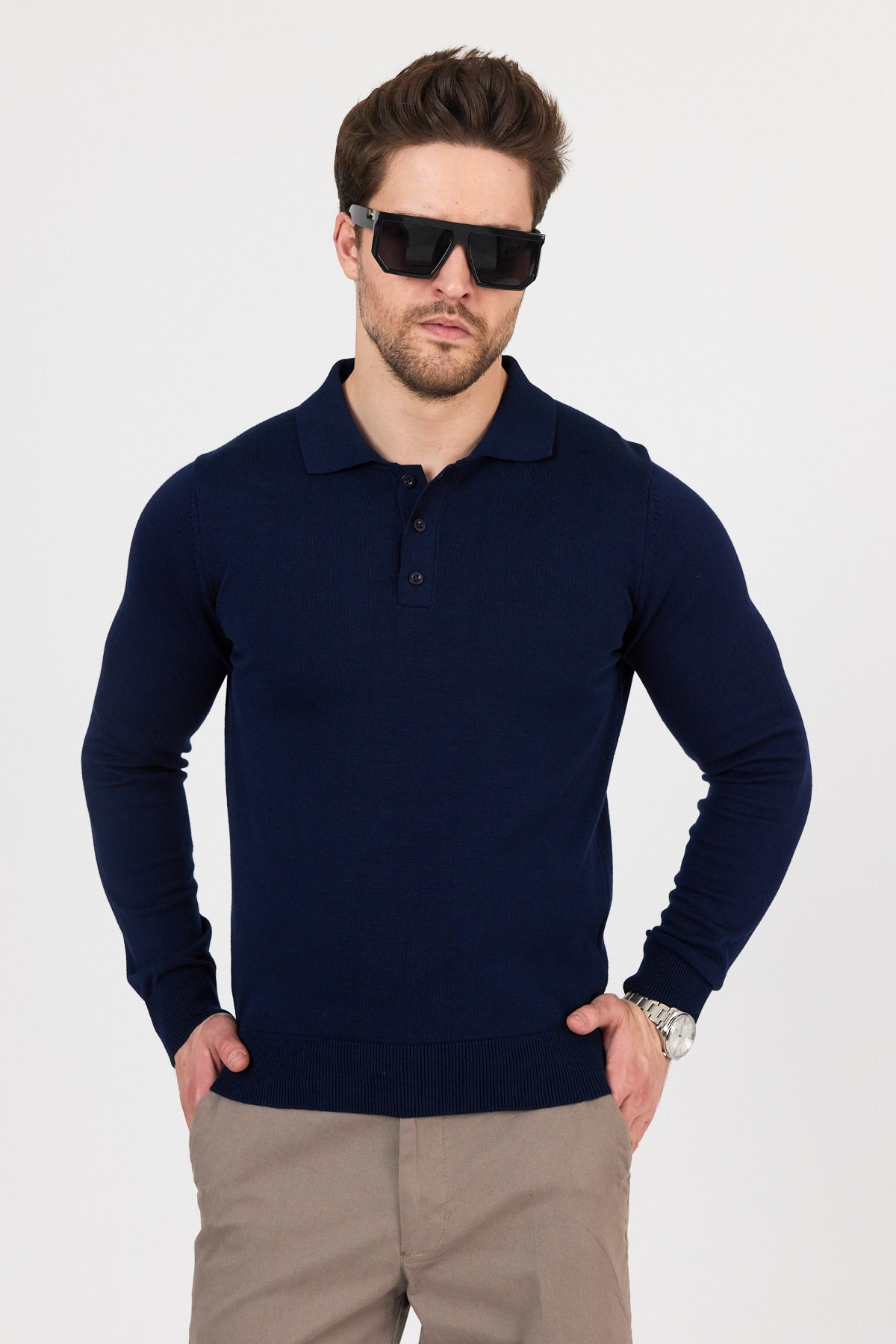 Pure 100% Cotton Polo Neck Knit Sweater - Navy