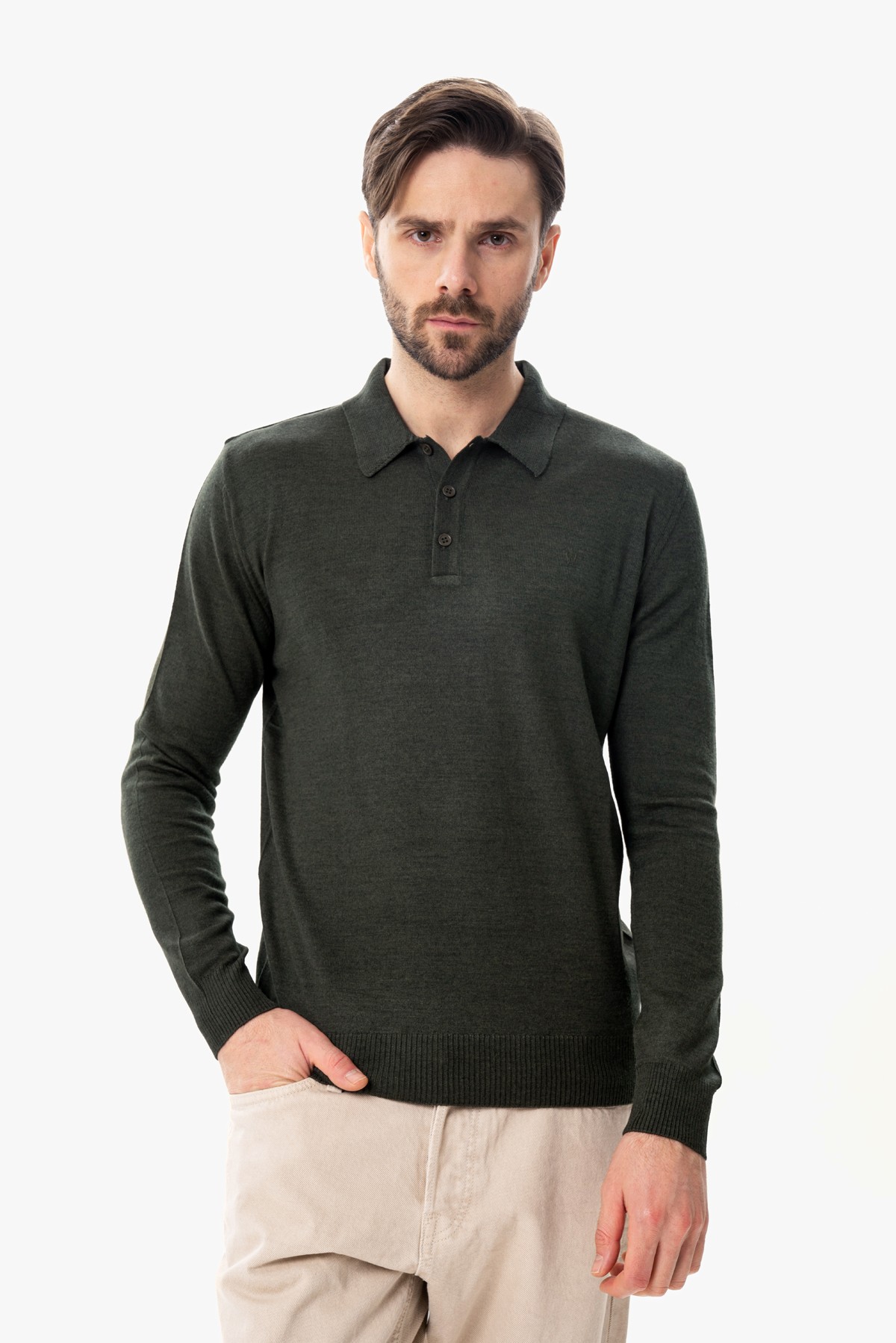 50% Wool Polo Sweater - Green