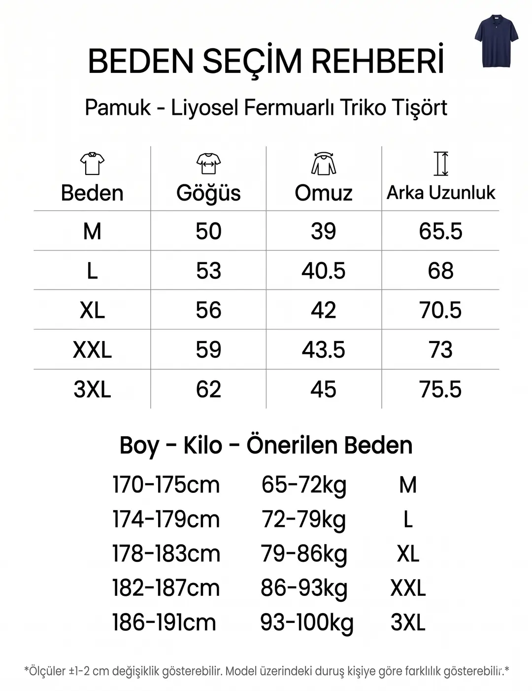 Pamuk Liyosel Fermuarlı Triko Tişört Beden Tablosu