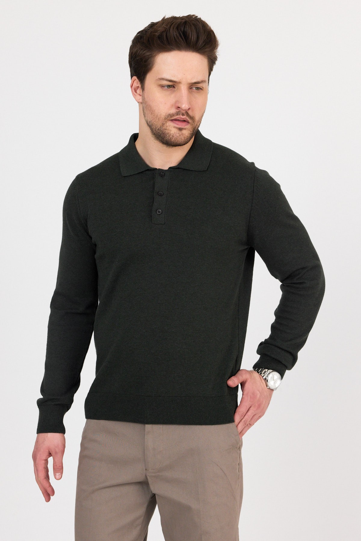 Pure 100% Cotton Polo Neck Knit Sweater - Khaki