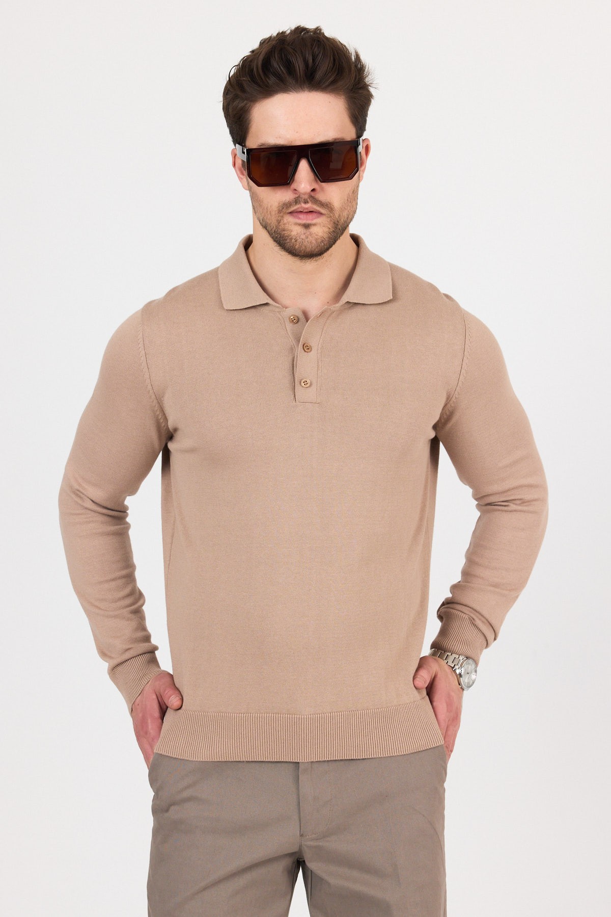 Pure 100% Cotton Polo Neck Knit Sweater - Camel