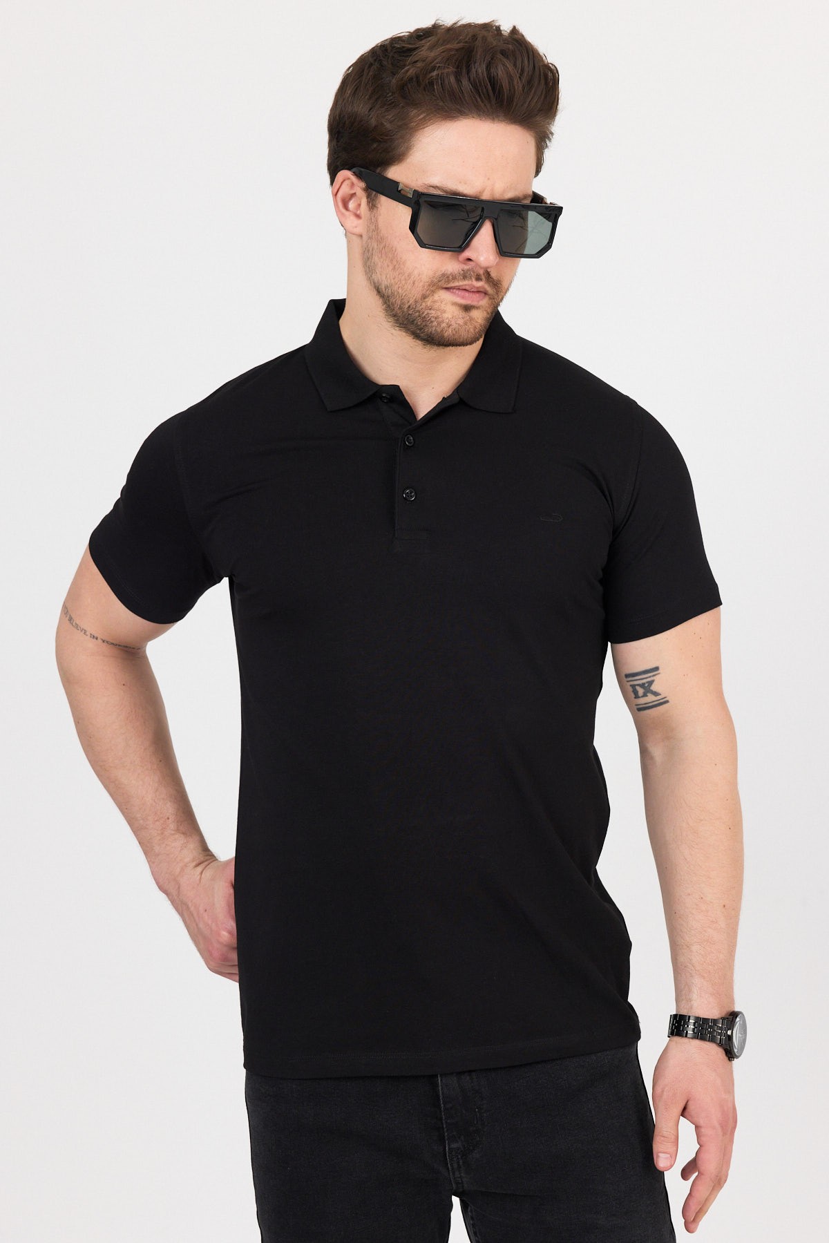 Regular Fit Penye Polo Yaka Tişört - Siyah
