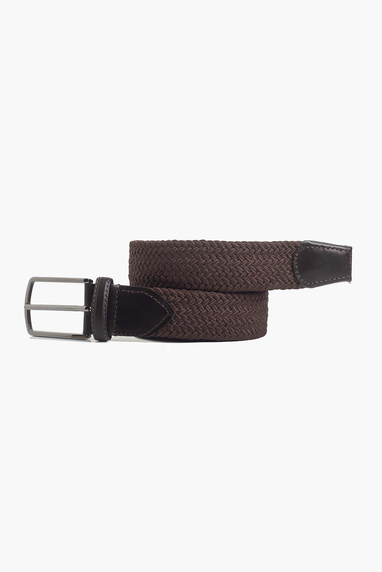 Elastic Knit Belt with Genuine Leather - Brown
