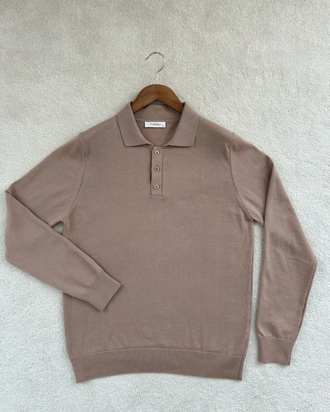 Saf %100 Pamuk Polo Yaka Triko Kazak - Camel