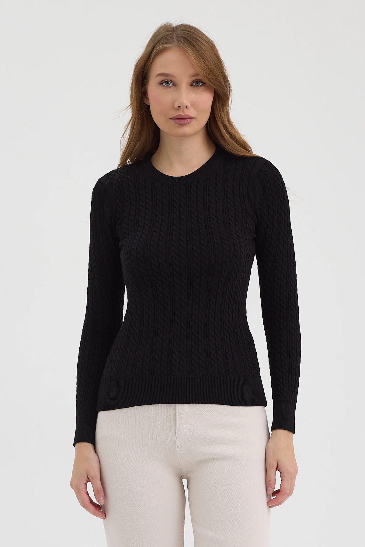 Kadın %100 Pamuk Saç Örgü Bisiklet Yaka Triko - Siyah