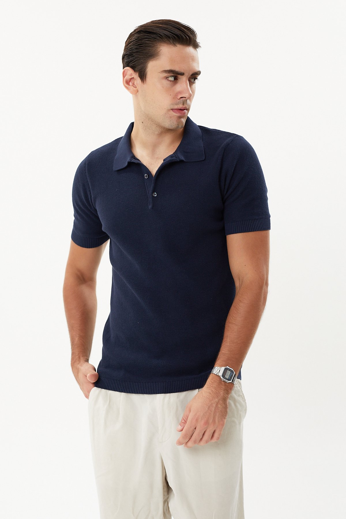 100% Cotton Waffle Knit Polo T-shirt - Navy