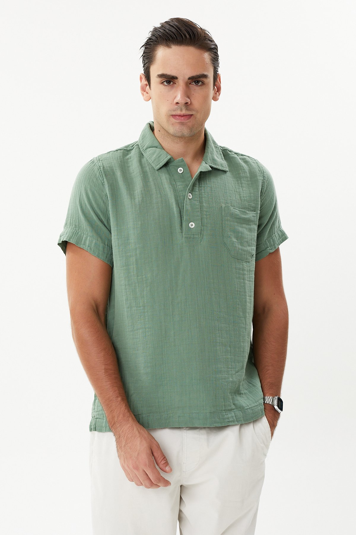 100% Cotton Muslin Polo T-shirt - Almond green