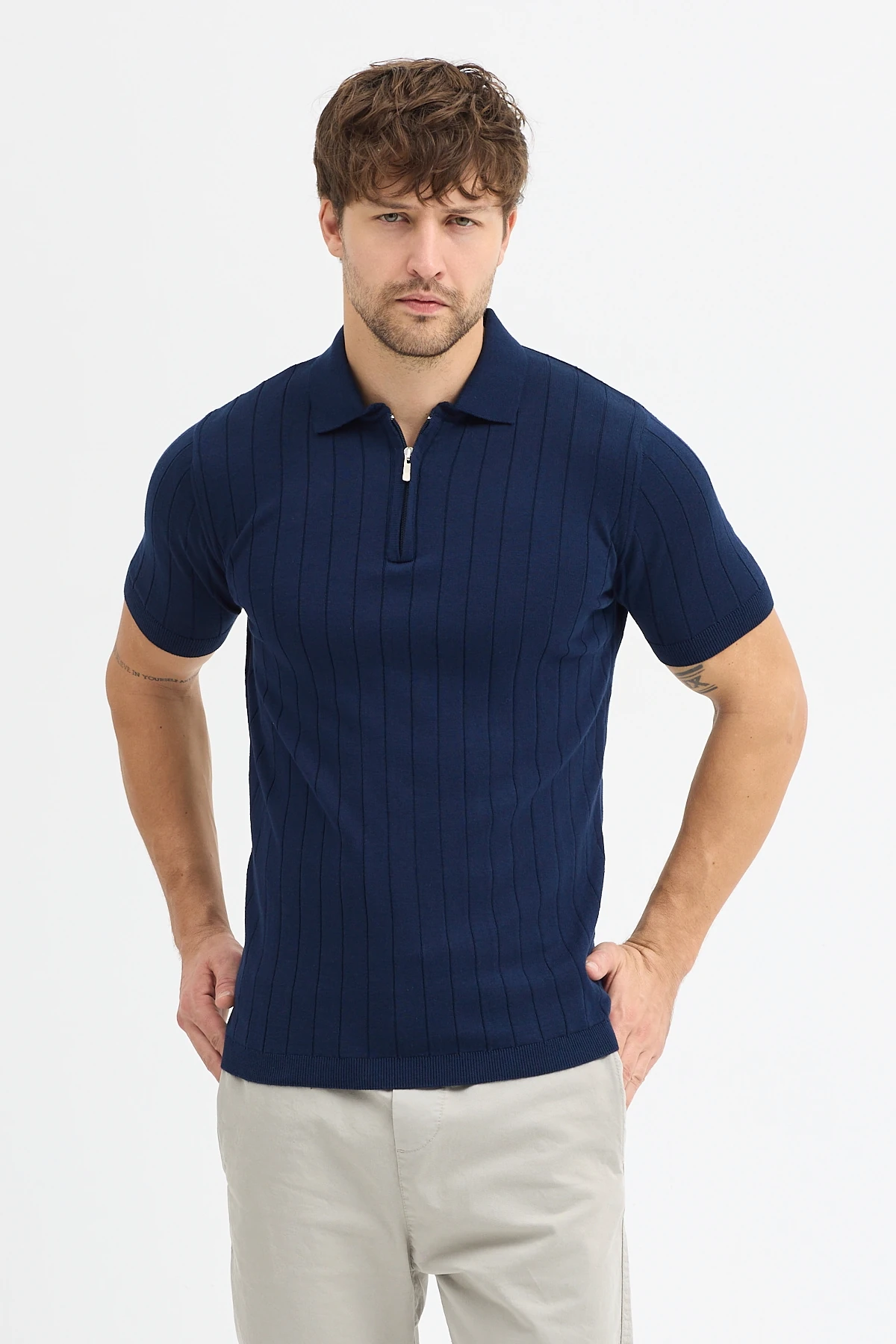 %100 Pamuk Yarım Fermuarlı Polo Yaka Triko Tişört - Lacivert