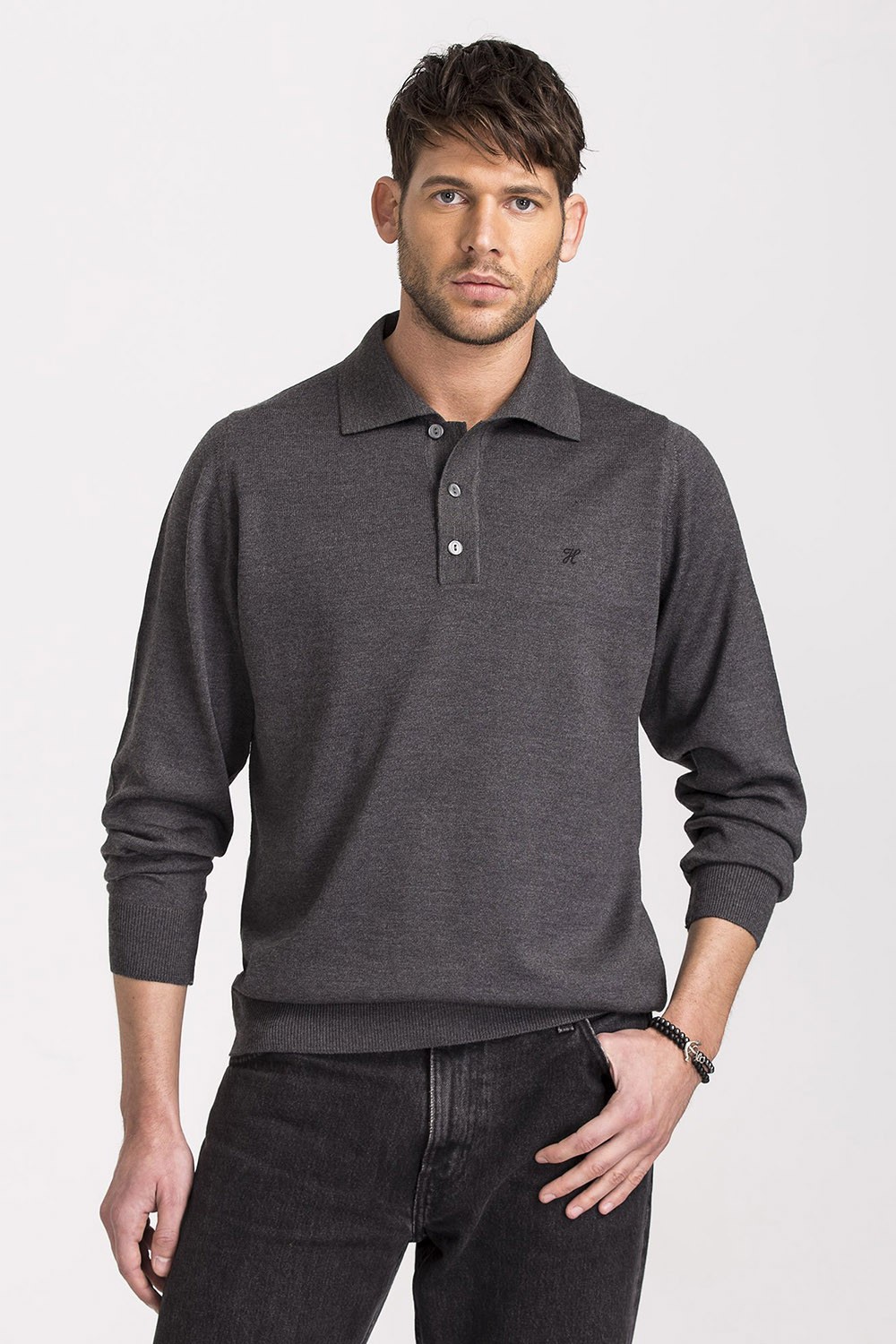 Regular Fit Woolen Polo Sweater - Grey