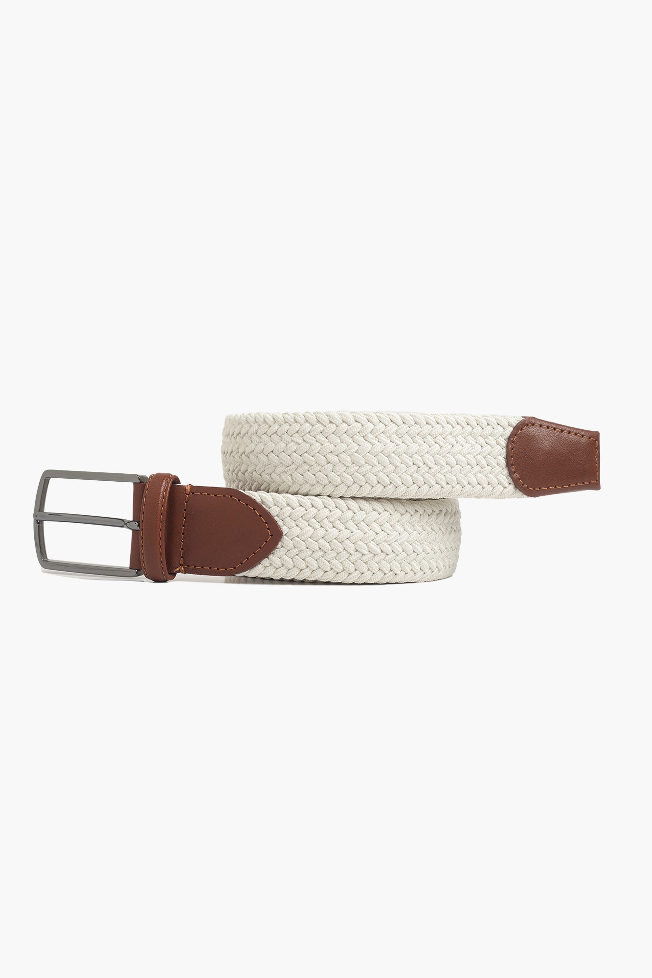 Elastic Knit Belt with Genuine Leather - Ecru