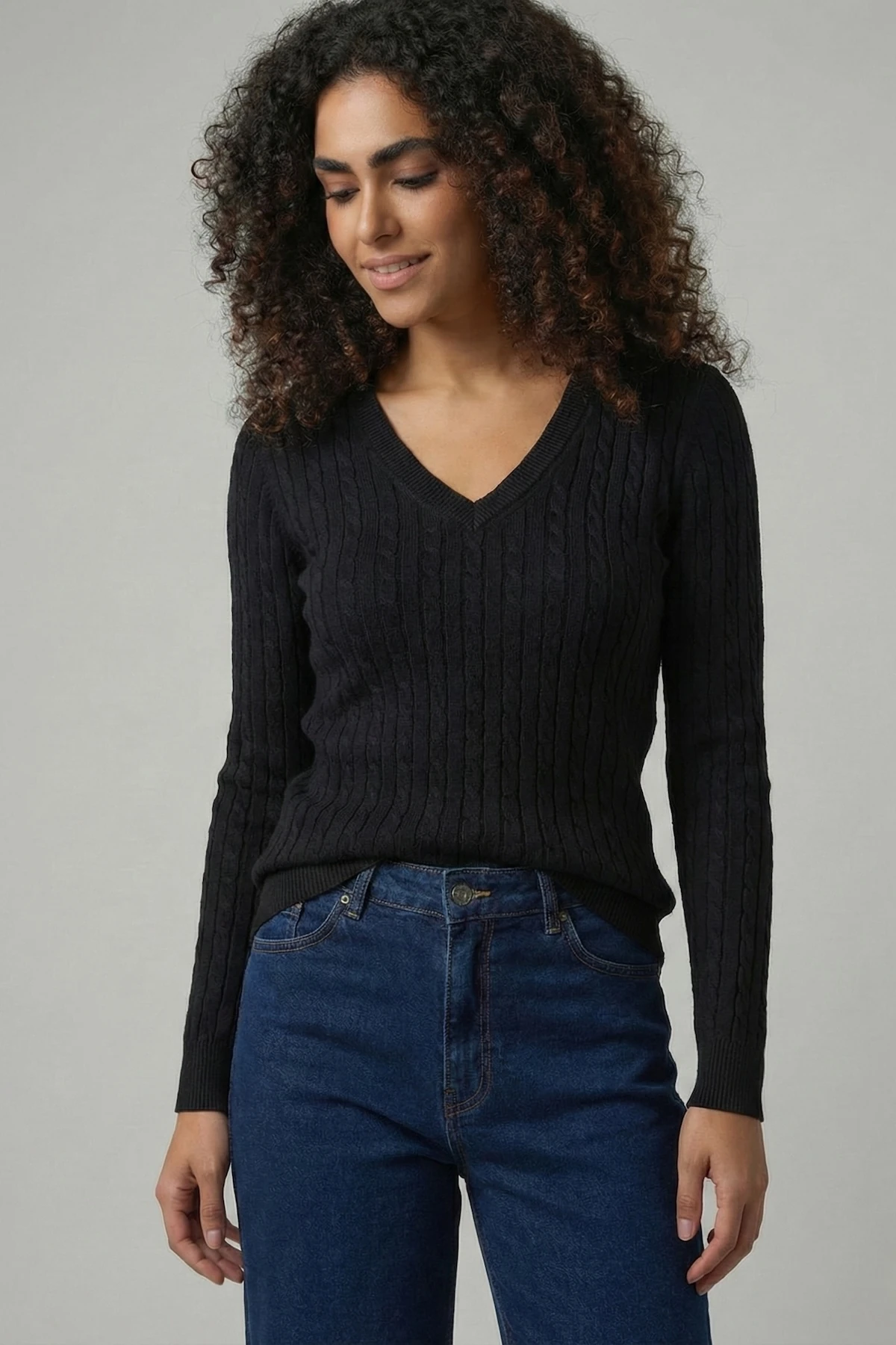 Kadın %100 Pamuk Saç Örgü V Yaka Triko