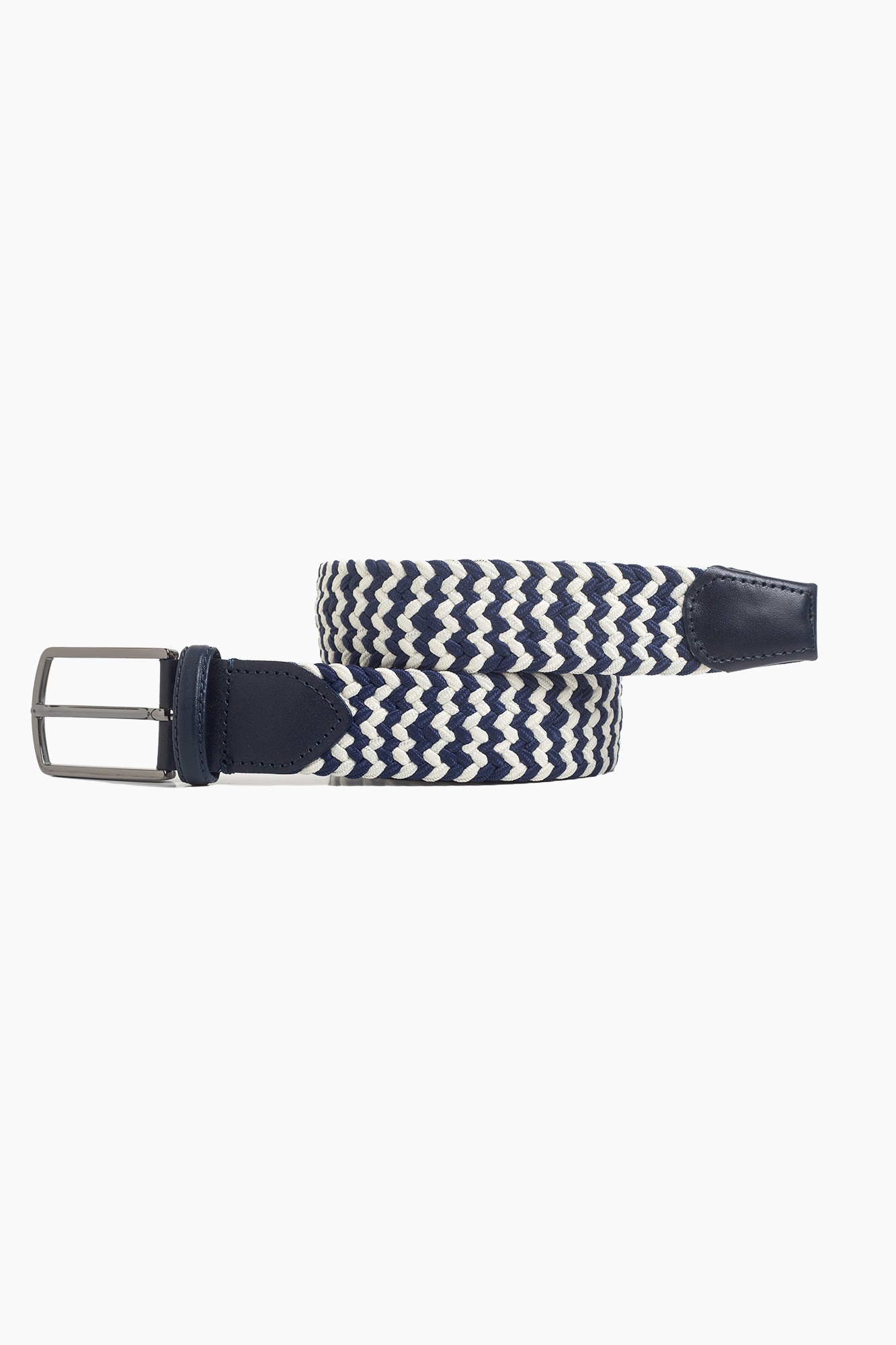 Elastic Knit Belt with Genuine Leather - Navy White