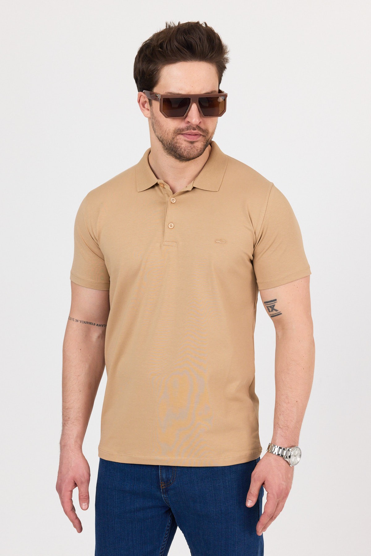 Regular Fit Penye Polo Yaka Tişört - Bej