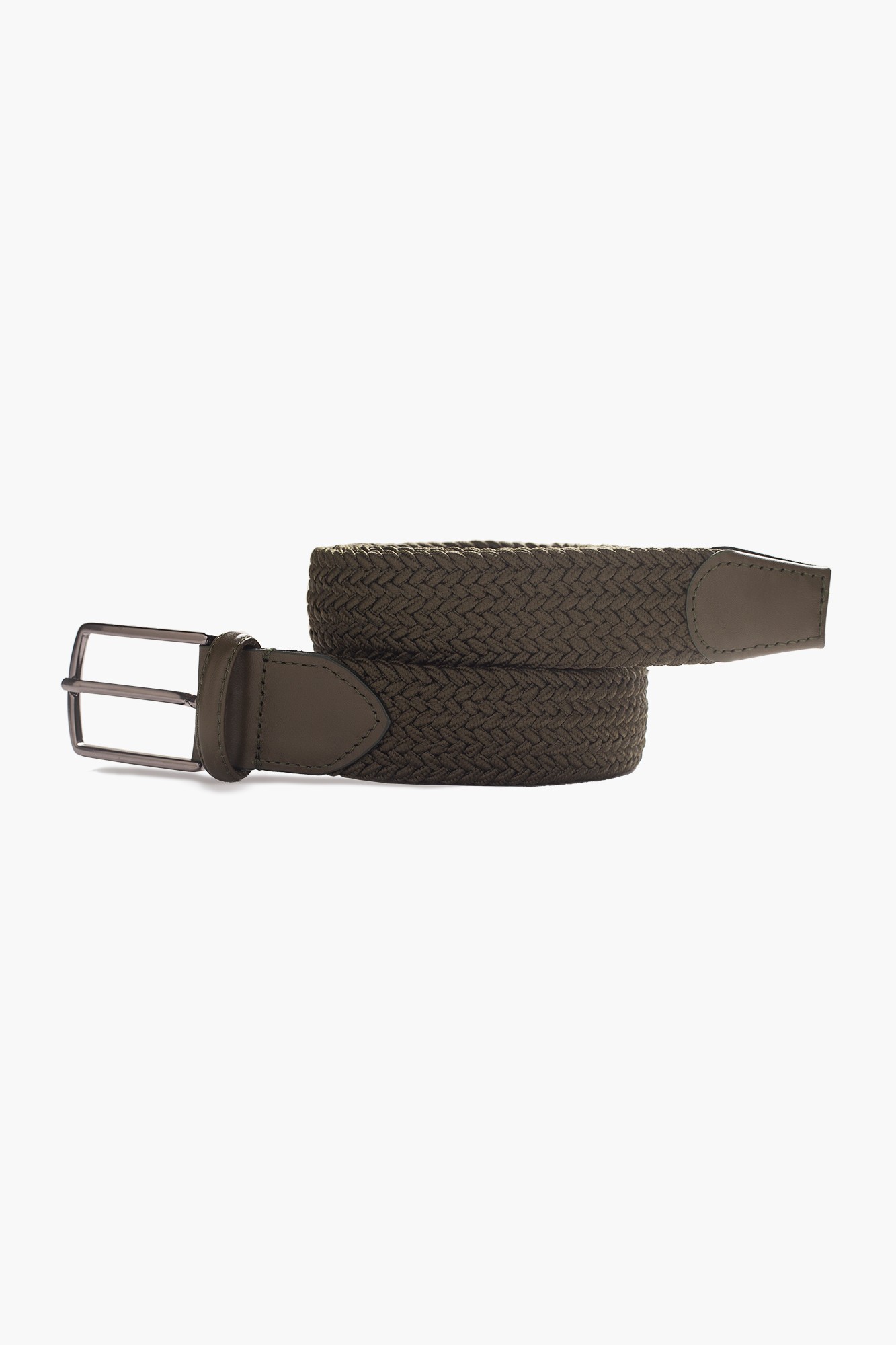 Elastic Knit Belt with Genuine Leather - Khaki