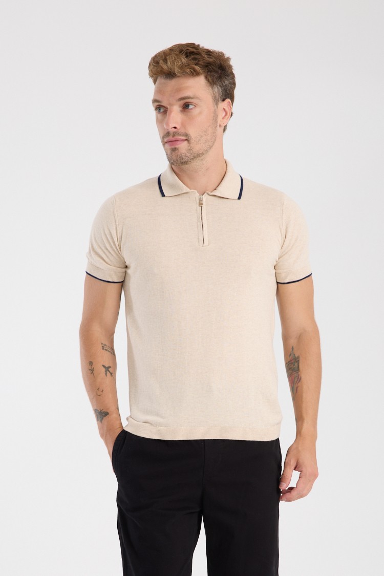 100% Cotton Quarter Zip Knit Polo - Beige
