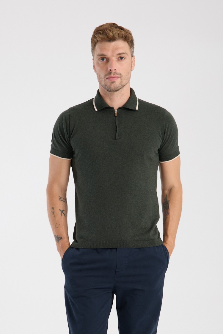 100% Cotton Quarter Zip Knit Polo - Khaki
