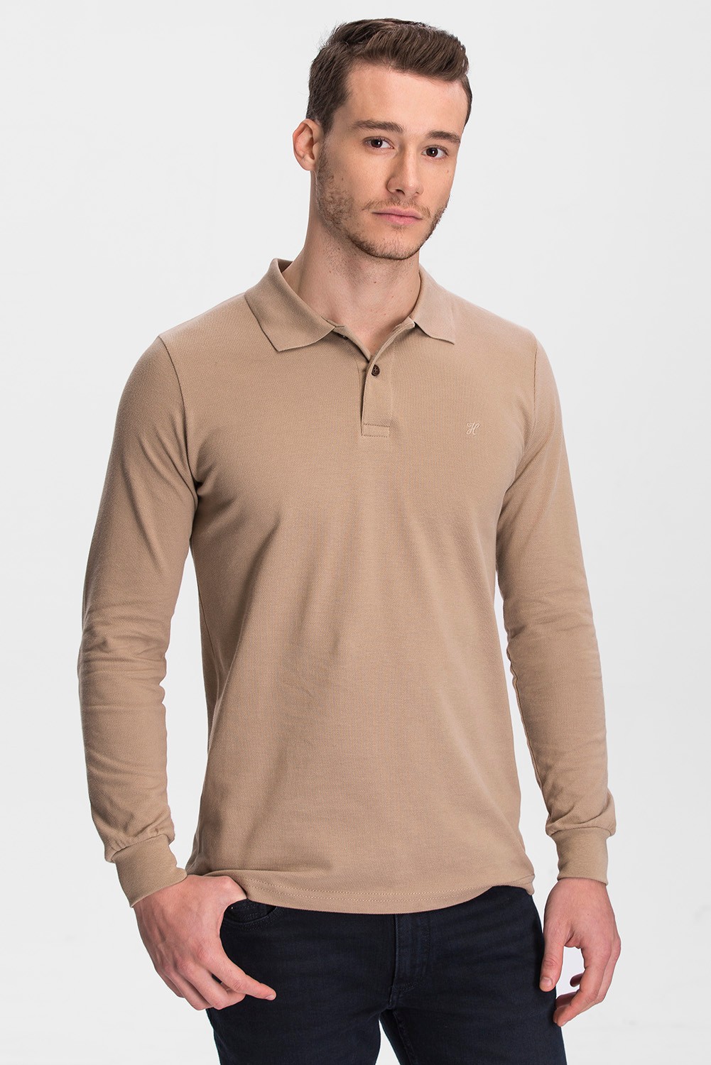 100% Cotton Long Sleeve Polo T-shirt - Stone